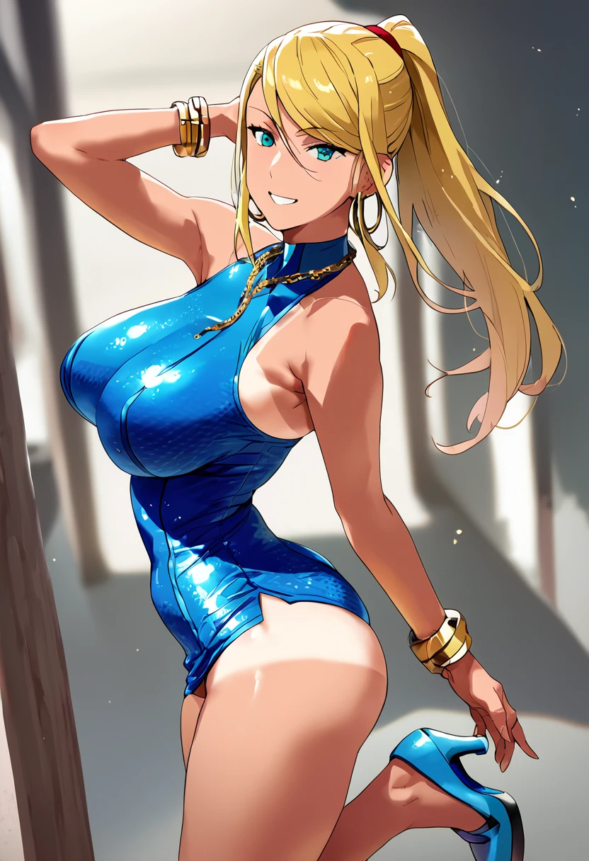 samus aran, ponytail, hair tie, upper body, looking at viewer, furrowed brow, blue eyes ,hand to hip, 1girl, solo, makeup, eyeshadow, perfect breasts, ,earrings glossy lips ,looking at viewer, blush, large breasts, nature, pond, trees, park, long white elbow satin gloves, holding, animal ears, cleavage, bare shoulders, jewelry, very l, gentle smile, pantyhose, earrings, fake rabbit ears, blue leotard, fake animal ears bunny, long white elbow gloves, white gloves