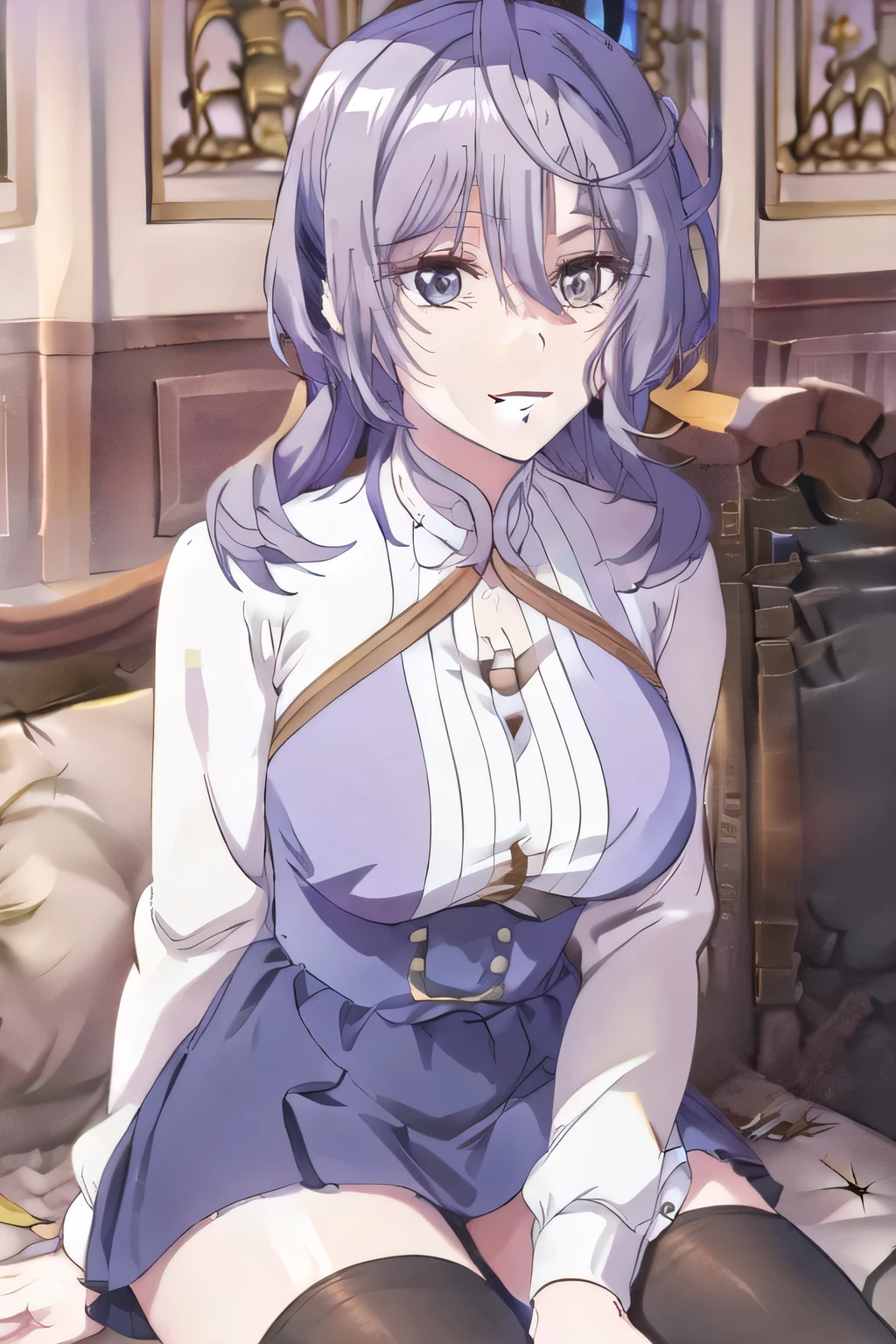 sleeveless sweater, draw a woman with a nice smile,, They are relaxing , , (Please draw more delicately),(sleeveless white shirt,),(can you draw a dark blue pleated mini skirt)、The face is absolutely necessary,accurately,,2- can you draw a woman wearing 2 high stockings,,ツ,blue panties, lying on the sofa , Big black wavy hair, , Big breasts, thin waist , , , adult sexy women ,, a sexy woman close to 40 years old, Hands and feet in long stockings,beautiful legs,