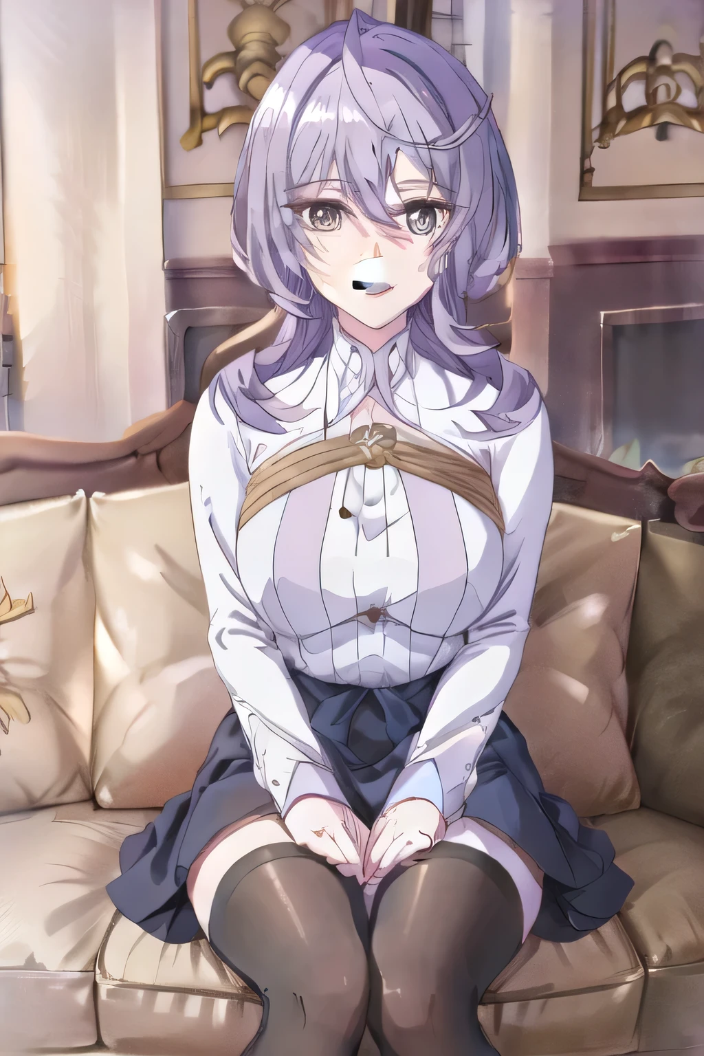 sleeveless sweater, draw a woman with a nice smile,, They are relaxing , , (Please draw more delicately),(sleeveless white shirt,),(can you draw a dark blue pleated mini skirt)、The face is absolutely necessary,accurately,,2- can you draw a woman wearing 2 high stockings,,ツ,blue panties, lying on the sofa , Big black wavy hair, , Big breasts, thin waist , , , adult sexy women ,, a sexy woman close to 40 years old, Hands and feet in long stockings,beautiful legs,