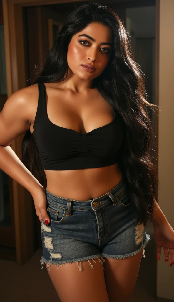 a beautiful young Dominican woman, 27 years old, curvy body with large breasts and hips, straight hair, posing from behind in jeans and a sleeveless shirt, not vulgar, cinematic lighting, photorealistic, 8k, highres, detailed facial features, detailed eyes, detailed nose, detailed lips, hyper detailed, highly detailed, intricate details, masterpiece, professional photography, vivid colors, warm lighting, golden hour, natural light, moody atmosphere