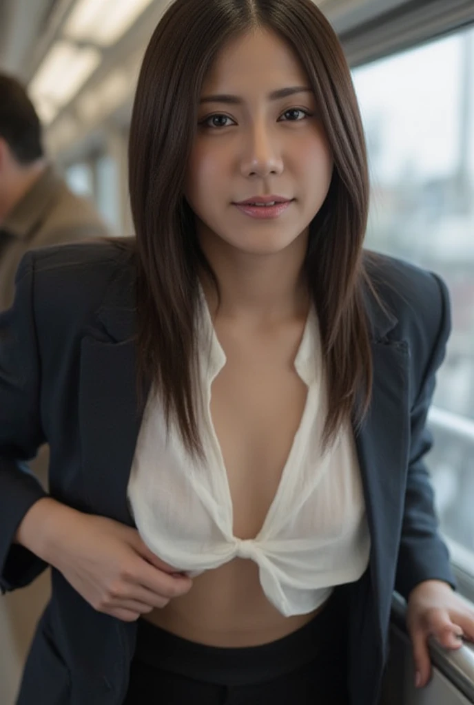 Young beautiful sweet Bogor city girl, 30 years old, mixed descent from sundanese and Javanese, slim body, greek nose, nate medium long hair with a bangs, nubian nose, georgeus sweet face, wearing office shoes, wearing blue tank top shirt that covering her bra under her blazer, wearing office long sleeve blazer, wearing calf long folded up office skirt, wearing lace soft cup bra under her dress and her blazer, wearing white lace panty under her skirt exposed to camera, sassy local tv anchor, siting very sensual opened wide her legs on sofa in tv studio, being presents the news on TV, being open mouth pose, smart face, serius reading eyes, very realistic, very detail, no cartoon, normal all fingers shape, front view,