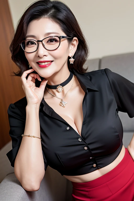 Professional, High level of detail, close up photo (attractive mature 55yo woman:1.3),long black hair with hair ribbon, tied up, gray eyes, (wearing long sleeve red satin kebaya with detailes blue batik ornament, long skirt)1.455,ray tracing, natural lighting, (seductive:1.1), (blushing:1.1 ), (classy, elegant, dandy)1.2, (round big breasts)1.2 (pokies)1.3, (toned body, hourglass body shape) (wipe hips), (full body with visible face and eyes)1.5, glasses, earnings, big tree, sit down at bench, city, necklace, tattoo on breast, crossed leg, shy smile, pink lips