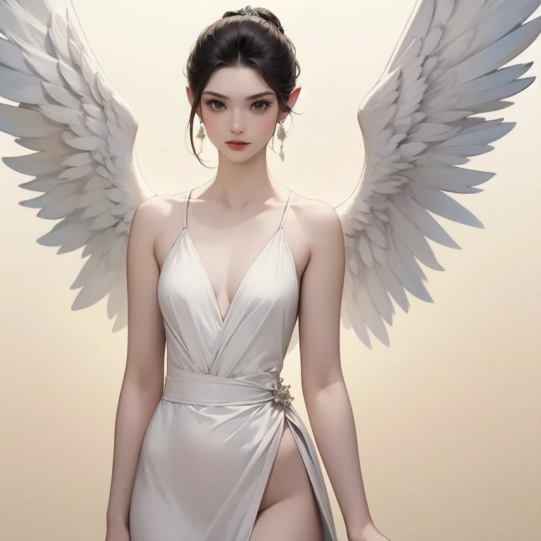 Woman in transparent dress,Viewer,(((Full breasts, Keeley University))),Slim waist,(Navel exposed,Bare waist), Long hair, extreme detailed details, Detailed fantasy art, Stunning character art, Beautiful and exquisite character art, Beautiful transparent dress, Very detailed, Girl wearing flowing Hanfu, Exquisite headpieces and jewellery,Crystal jewelry filigree, galaxy, Stunning visuals, (Dynamic Stripes, light rail:1.2), Vibrant colors,Long hair动漫女孩和狐狸, 美丽的白金色Angel女士, 白毛Angel, Beautiful character painting, Beautiful anime portrait, Angel翅膀的女孩, a beautiful Angel woman, Mystical artwork, Guweiz, by Ren Renfa, Angel, Large Breasts，Full breasts，Golden ratio figure，Perfect body，Ultra wide-angle shooting，Full body shot，Body close-up，Full body shot，Wearing a pleated tulle skirt，Soft anime illustration, Soft dark background，Fujifilm XT3 Clear focus, f 5.6, High Detail, Clear focus, Dramatic, (Wearing openwork clothing), (Looking at the audience:1.8), (Natural light), (Tempting)translucent, Good velvet quality, Compared, Divine Light,, Silver gray hair, Sky background, Absolute Strength,女性Angel，Girl in sexy silk,，Large Breasts，Full breasts，Golden ratio figure，Perfect body，Ultra wide-angle shooting，Full body shot，Body close-up，Full body shot， Wearing a tulle dress, Model shooting style, Large Breasts，Full breasts，Golden ratio figure，Perfect body，(Extremely detailed CG 8k wallpaper unit), The most beautiful artistic photos in the world, , 8K Ultra HD, ) On the big white bed，Lazy gesture，Charming and seductive expression，best quality,masterpiece,Ultra-high resolution,(Practical:1.4),original photo,Ultra-high resolution，White skin，Exquisite makeup，Long legs，Bright beautiful eyes，用深色眼影打造Exquisite makeup，