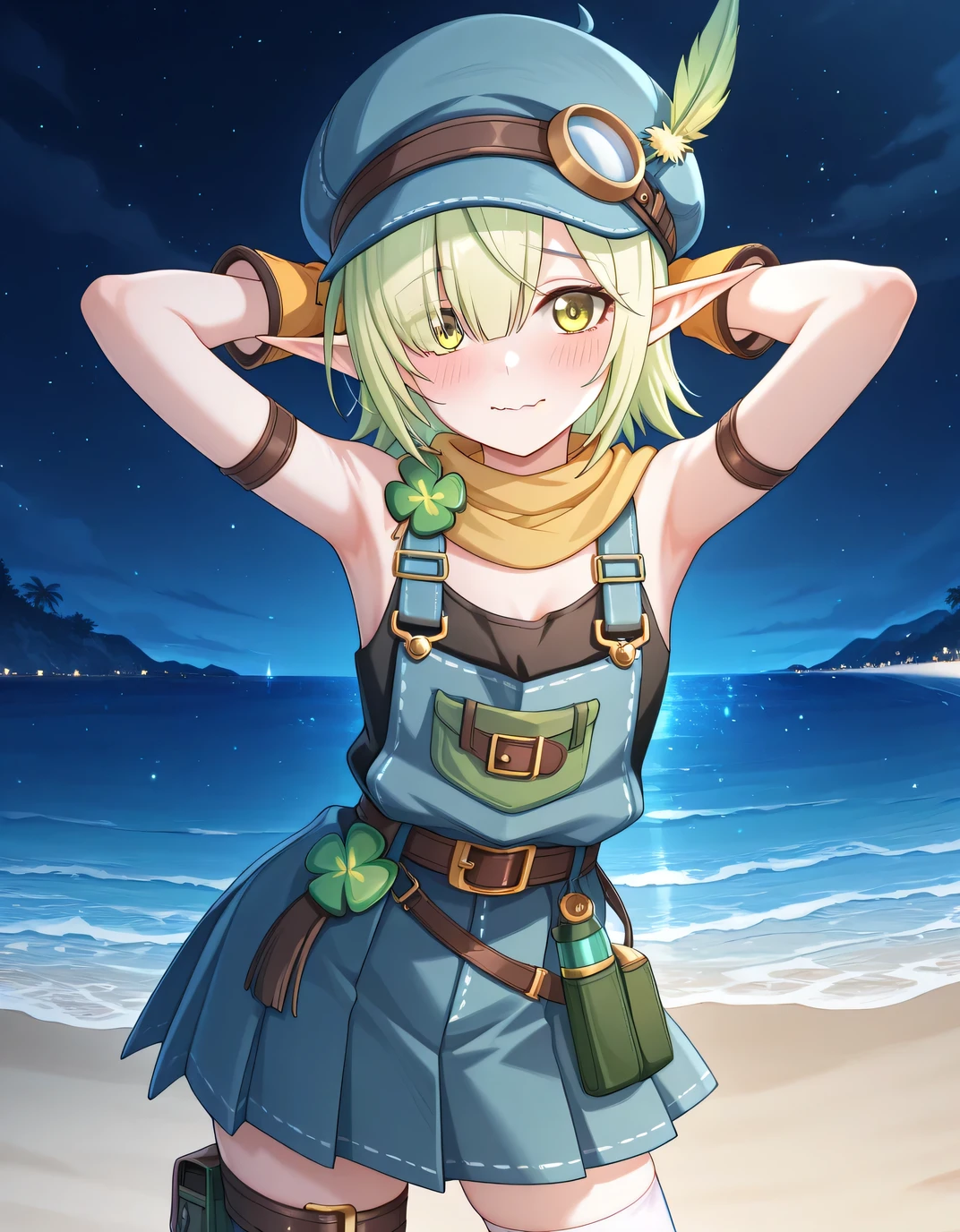 pcraoi, short hair, elf, light green hair, pointy ears, green eyes, hair over one eye, pcaomch, hat feather, cabbie hat, blue headwear, yellow scarf, four-leaf clover ornament, black shirt, sleeveless, bare shoulders, overalls, pocket, arm strap, yellow gloves, overall skirt, blue skirt, pleated skirt, belt, belt pouch, white thighhighs, thigh belt, anime screencap, high quality, solo, cowboy shot, (contrapposto), (hands behind head), closed mouth, night sky, beach, looking at viewer, wavy mouth, blush, best quality,