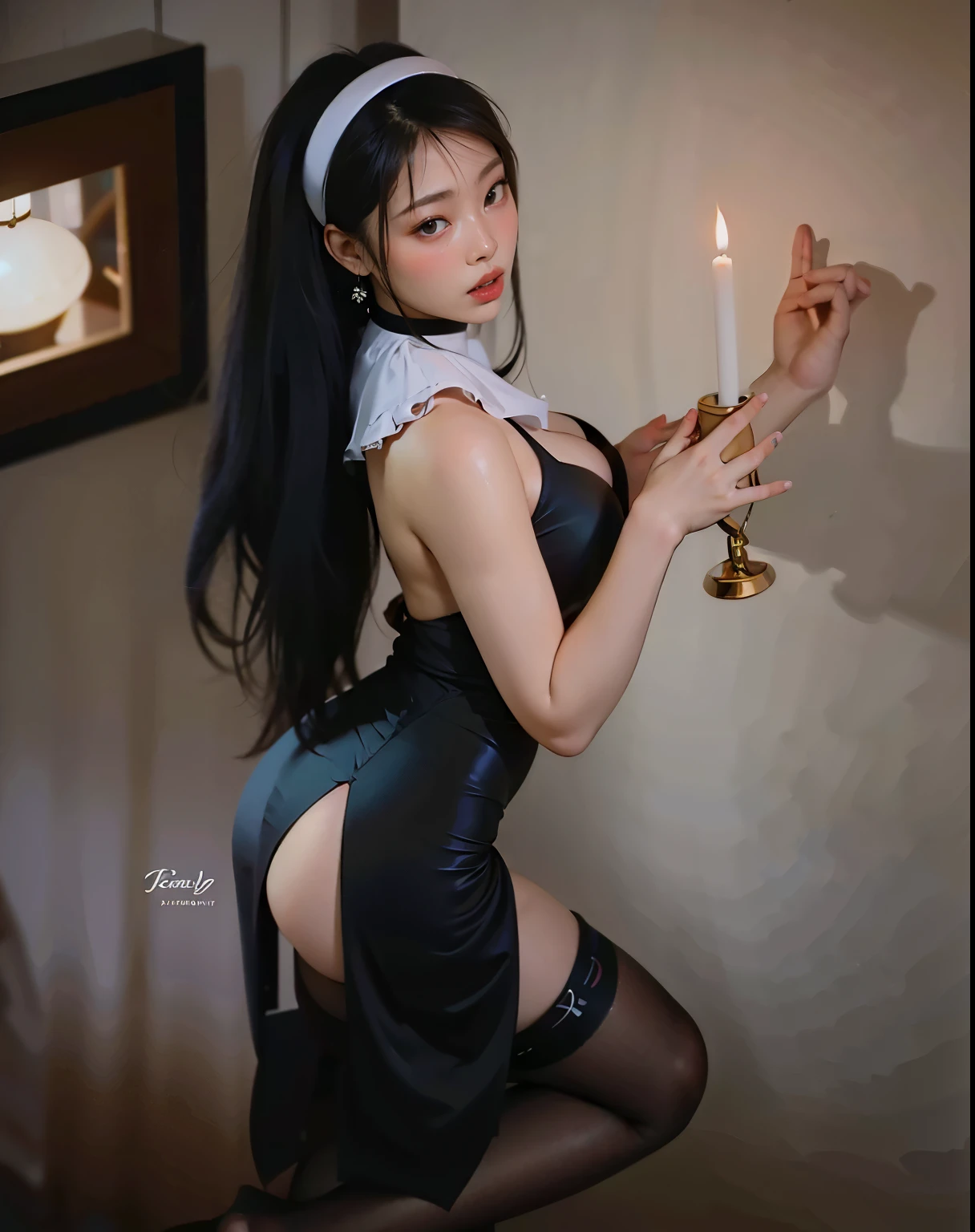 A beautiful hyperreal woman who represents Sailor Moon. Black hair, very big breasts, giant butt, tiny waist. Her face has Japanese anime features. Pigtails: she has long black hair that reaches approximately the middle of his back. Her distinctive hairstyle consists of two high, voluminous pigtails that extend up and out from the top of her head. Bows: At the base of each ponytail, she wears a large bow that keeps her hair in place. Bangs: She has short, blunt bangs that frame her face and curve to the sides. Design a lingerie-inspired outfit with a tightly fitted corset. Crafted from black lace intricately embroidered with shimmering metallic thread, this ensemble exudes sensuality with a daring twist. The structured corset features delicate satin ribbons crisscrossing along the back, sculpting and accentuating the wearer's curves. Swarovski crystals adorn the bodice in a subtle gradient pattern, catching light with every movement. Matching panties crafted from sheer mesh, adorned with lace appliqués and strategic cutouts, tease glimpses of skin. A garter belt completes the ensemble, adorned with bows and charms, adding playful seduction. Thigh-high stockings made of sheer silk feature lace trim and back-seam detailing, elongating the legs and adding vintage glamour. Accessorized with black leather opera gloves adorned with studs and chains, the look exudes edgy sophistication. Sultry makeup features smoky eyes, winged eyeliner, and burgundy lips, complementing loose waves cascading over the shoulders. A lace veil adds mystery and allure. Presented on a boudoir-inspired runway, lit by candlelight and draped with velvet, the setting exudes intimate luxury. The wearer confidently strides, radiating sensuality and empowerment, challenging traditional beauty norms with this provocative ensemble.