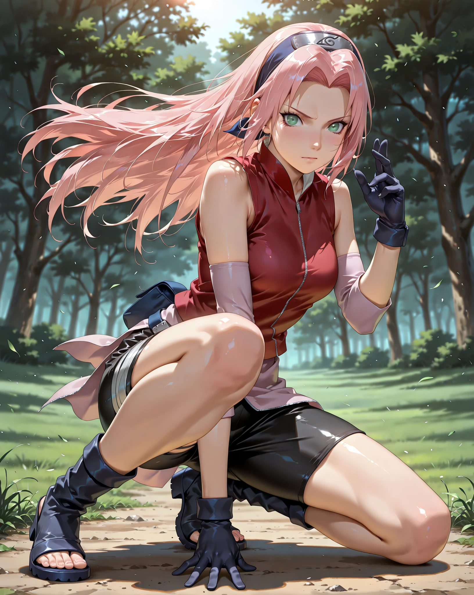 Sakura haruno, ((4k, masterpiece, high quality, detail)), short hair, Sleeveless red shirt, thigh black shorts, showing her armpits, squatting, showing her , forest, ((nice)), anime Naruto shipudden