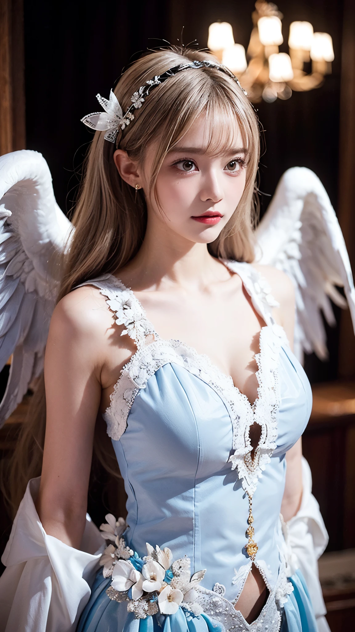 masterpiece, best quality, 4K, ultra-detailed, photorealistic, (1 girl), (upper body), (A fascinating eye for perfect detail:1.2), (revealing white angel clothing), (bare shoulder), blue eyes, mysterious smile, white damaged wings on both sides, dynamic pose, ((fantasy background))