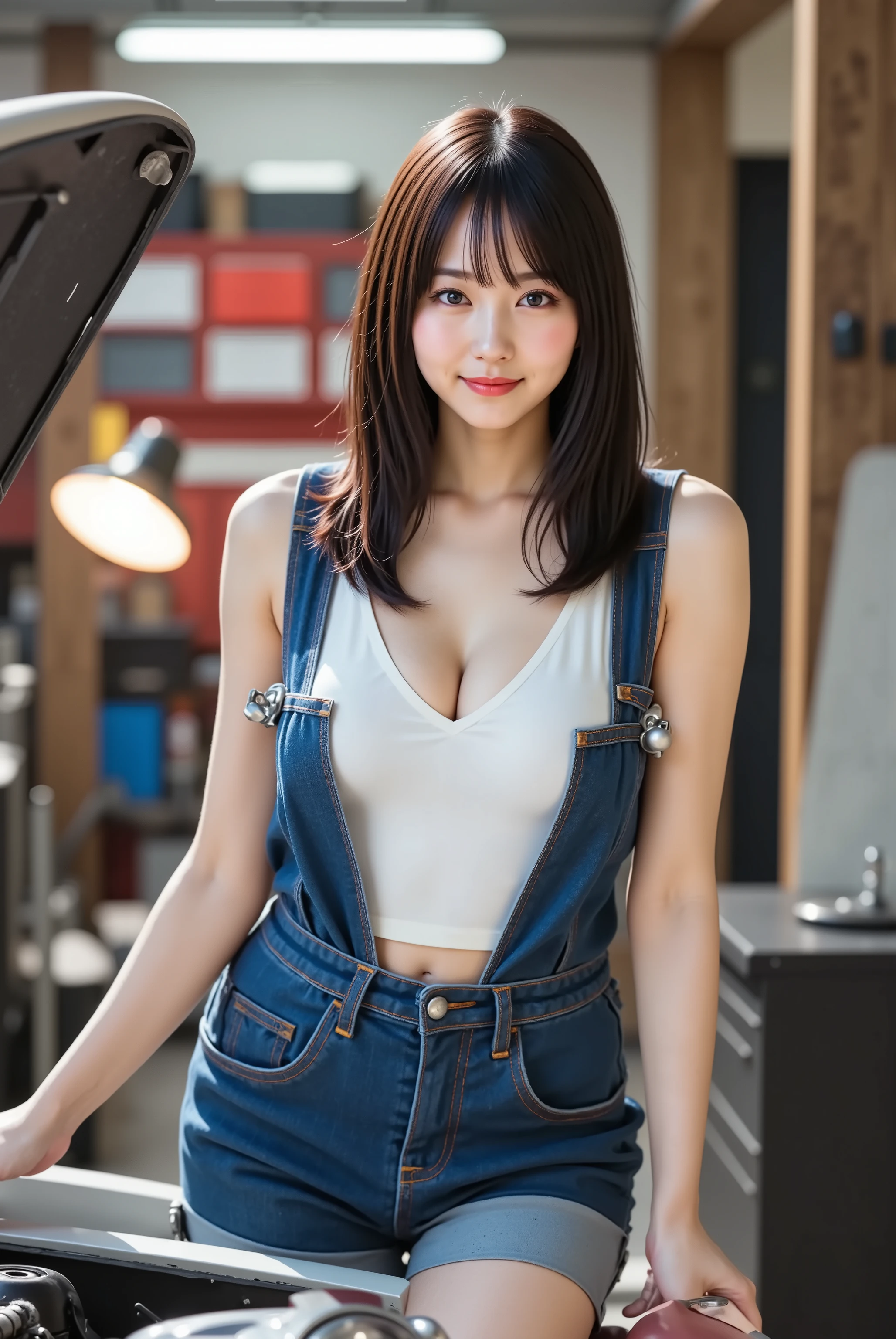 sakura,professional photography, masterpiece, high resolution, an upper body portrait of a 20-year-old skilled Japanese woman with a proud smail, standing in a well-lit garage, working on a vintage classic car. She has delicate Japanese facial features, a soft angular jawline, high cheekbones, a small refined nose, and bright, focused eyes. Her skin is porcelain-smooth but has a charming, light smudge of grease on her cheek, showing realistic texture. Her long, black hair is tied up in a bandana to keep it out of the way. She wears a blue work coverall, with the top half unzipped and tied around her waist, revealing a tight white V-neck tank top that accentuates her voluptuous, ample bust and a deep, clear cleavage. She wears a durable denim mini skirt. She holds a wrench in one hand and leans against the fender of the car, looking at her handiwork on the exposed engine. The composition is a professional lifestyle portrait, aspect ratio 2:3, conveying a sense of capability and passion. Shot on a Canon EOS R5 with an 85mm lens at f/2.8, ISO 400, and 1/125s shutter speed, creating a shallow depth of field that blurs the background of tool chests and car parts. The lighting is a mix of bright, functional overhead garage lights and a directional work lamp, creating crisp highlights on the chrome engine parts and casting realistic shadows. The color palette is practical, with blues, grays, and metallic colors. The level of detail is hyperrealistic, capturing the metallic sheen of the tools and engine, the texture of the greasy smudge, the weave of her tank top, and authentic skin pores. The mood is confident, hands-on, and an authentic moment of mechanical pride.