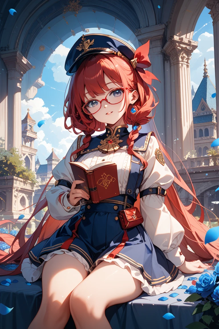 "Epic morning garden atmosphere, stunning 4k artwork featuring a confident mature woman wear glasses and long flowing vibrant red hair tied and resting on the shoulder. Her captivating, glowing blue that illuminate the scene. She sat elegantly and holding a magic book, she so charming"