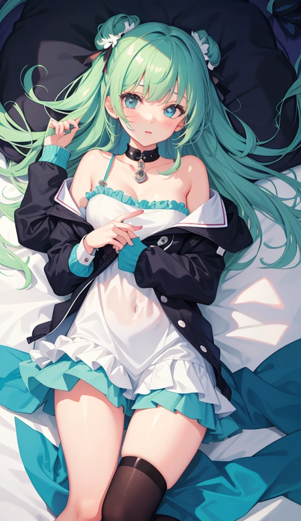 intricate detailed, Beautiful detailed girl, extremely delicate and beautiful, Whole body, Close-up of people, arm_support, beautifully painted, flat chest, girl,woman,a woman, little,???,10歳, Medium hair, Wavy hair, Floating hair, Green hair, Two-tone hair, hair blowing with the wind, Delicate facerain, heart, complex details beautiful and delicate eyes, cat_ear, large_Breasts, zettai_ryouiki, Green eyes, White skin, white_dress_shirt,sleeves_hiar_wrists,bottom less,Bare breasts,bare feet, short_sleeves, Bed_sheet, Beautiful detailed sky, water spray, gradient, extremely detailed 8k wallpaper, extremely detailed 8k wallpaper, with high resolution,
