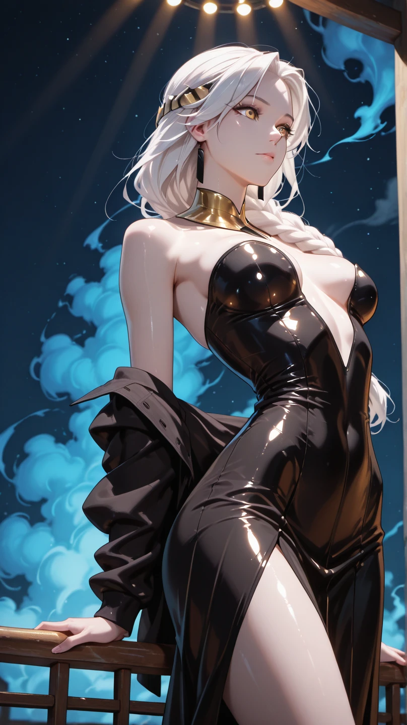 (beste-Qualit), (tmasterpiece), ((Close-up of a girl )), a 1girl, ((bare buttocks)), androgynous vampire, High Resy, pubic tattoo, (En plein air, science-fiction, street, the night, crowd, luna, Detailed background), the sweat, tail, hands up. Extremely detailed eyes and face, naked body, beautiful detail eyes, extremely detailed body, bare shoulders. junji ito 4 k, with long gray hair, ito junji art, style of junji ito, portrait of sadako of the ring, Gentle androgynous princess , Beautiful androgynous princess, Streetwear, ((with her long white hair:1.5)), stocklings, (big yellow eyes:1.3), fangs, detailing, (generous cleavage), Burst breasts, extra high resolution, 8K, (The blood on her lips runs down her neck), (Lovely Medium Breasts), perfect anatomy, (shapely body), Microthongs, Beautiful slender legs, (hands in pocket:1.2), (Looking down), (The gaze is directed downwards)