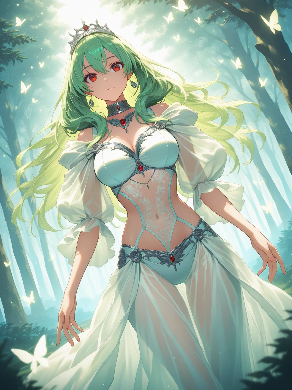 ((A Pretty girl with green hair and blue eyes)), ((wearing the white dress)), Baby face, cat ears, ((top-quality, master piece, ultra-definition, high resolution)), anime girl, ((ultra-detailed illust:1.2)), only one person, bangs, hair between eye, beautiful hair, Beautiful eyes, medium breast, Big smile, in the forest