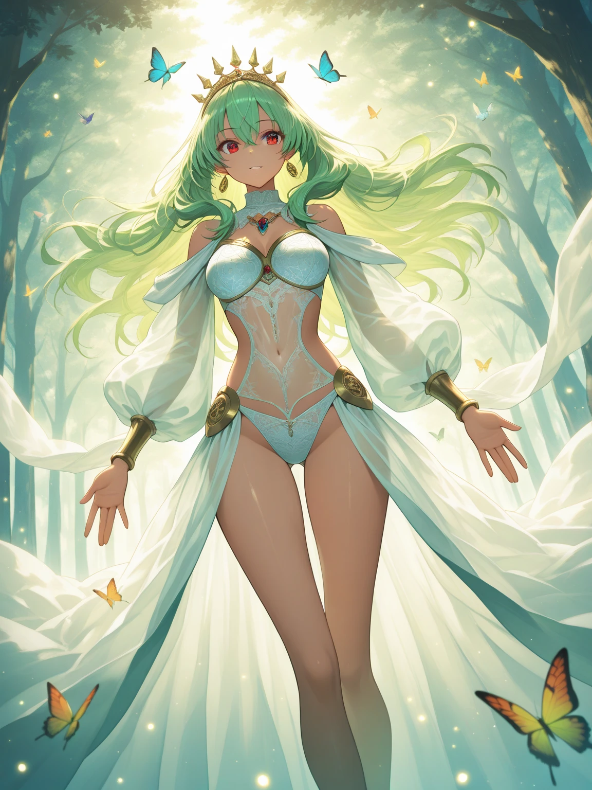 prismatic coloration, holographic environment, young African girl, Deep Black skin, Beautiful, elven ears, Serious expression, ponytails, leaf green hair, Heterochromia with deep green & Gold eyes, C-cup, lithe, fit, Modest-attire, full-body, slender legs, beautiful eyes, freckles, leaf green eyebrows, Cute butt, (long straight prismatic reindeer_antlers:1.2), Calm posture, Floral aura, mythic flowing purple-Green cloak with Golden Floral designs