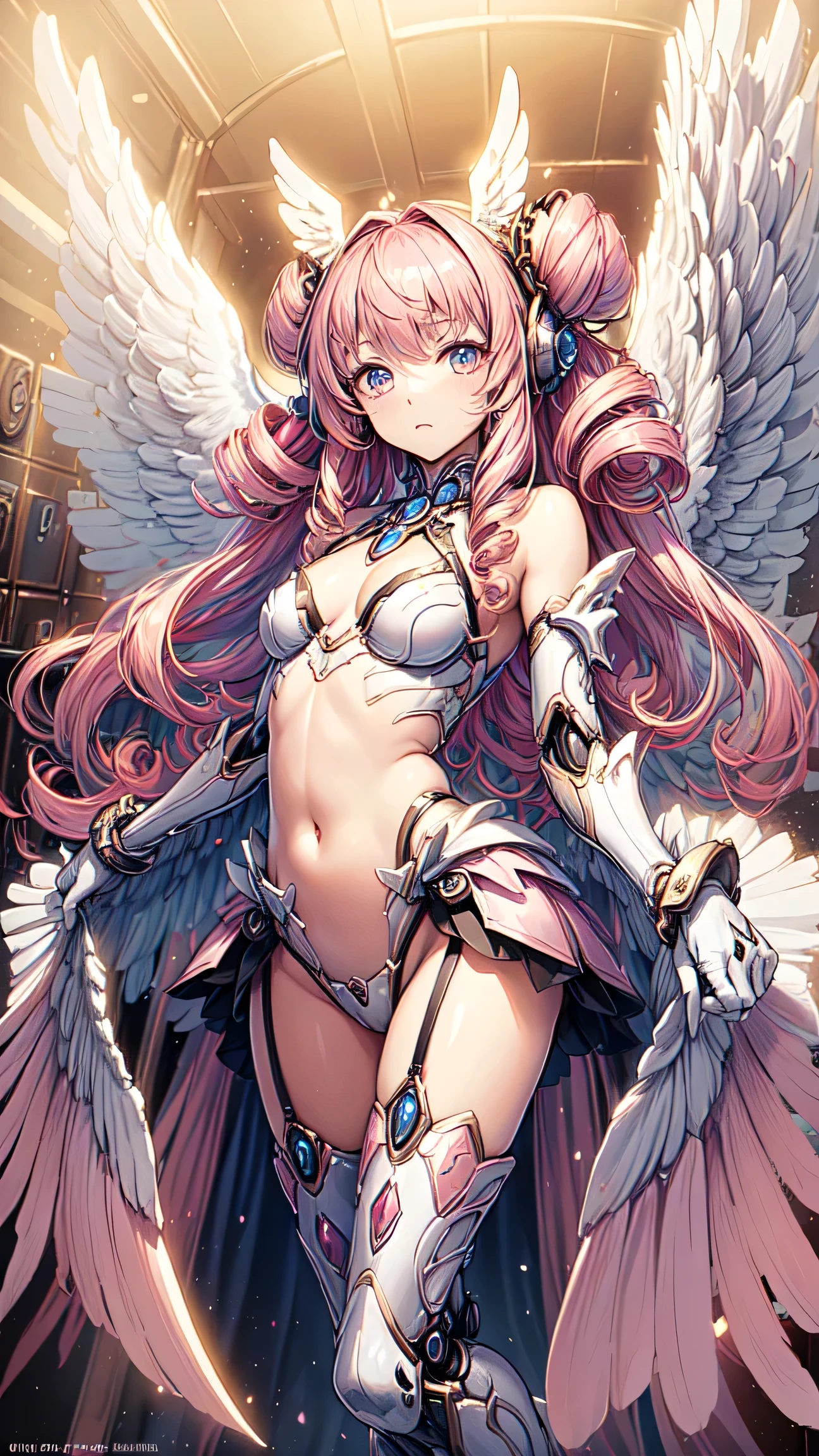 (Perfect Anatomy)、Mastepiece、Ultra High Quality、 8k、masterpiece、Highest quality、Ultra-high resolution、Maximum resolution、Very detailed、Professional Lighting、anime、woman、thin、so beautiful、Highly detailed eye、Highly detailed face、Golden earrings、Pink Hair,、Pink eyes、Detailed costume patterns、Mid-chest、Blue jewel on chest, makeup, eyeliner, eye shadow, pink cheek, pink lips, upper arm pink armor, white leotard, pink pattern, full body, magical girl, Angel Girl, Are standing, pink thigh high stockings, white super long boots, pink gauntlet, high heels, blunt bangs, Hime cut, bridal hair accessory, paladin robe, Cute room、Sit on a chair、(((Cross your legs)))