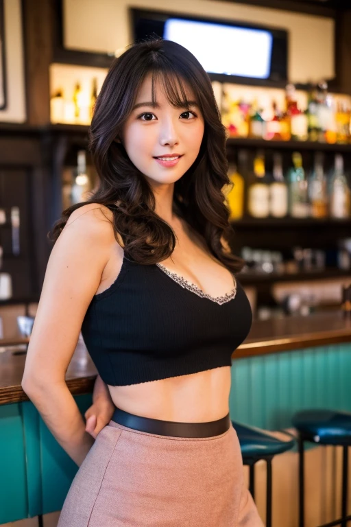 sexy lady、in bar、ultra huge breast、cleavage of the breast、Perfect Hands Perfect Fingers Perfect Chest Perfect Fit Perfect Body Perfect Face Perfect Image Realism Detailed Background Detailed Outfit Micro Bikini、Unbuttoned shirt、Lewd woman、Hyper-Realism、photoreallistic、unrealengine、3DCG、Rendu octane、8K maximum resolution very detailed、Sexy underwear、Chest about to burst from her clothes、 perfect buttocks、Shot from behind、Perfect view at the perfect angle、a blond、a smile