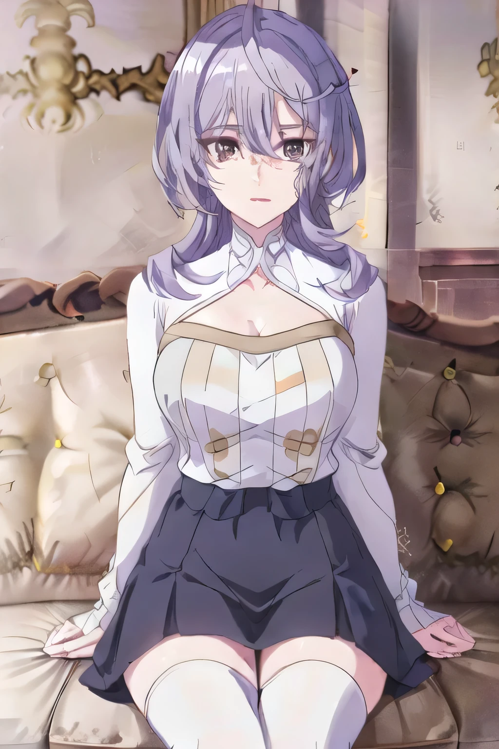  more delicately，can you draw with light clothing，sleeveless sweater， can you draw a dark blue micro pleated skirt using cinematic lighting and ray tracing ，， They are relaxing ， ， （Please draw more delicately），（sleeveless white shirt，），（can you draw a dark blue pleated skirt）、The face is absolutely necessary，Accurately，，2- can you draw a woman wearing 2 high stockings，，ツ，blue panties， lying on the sofa ,      Big black wavy hair, ,   Big breasts, thin waist ， ,   ， adult sexy women ，, sexy woman around 20 years old,   Hands and feet with long socks，beautiful legs,