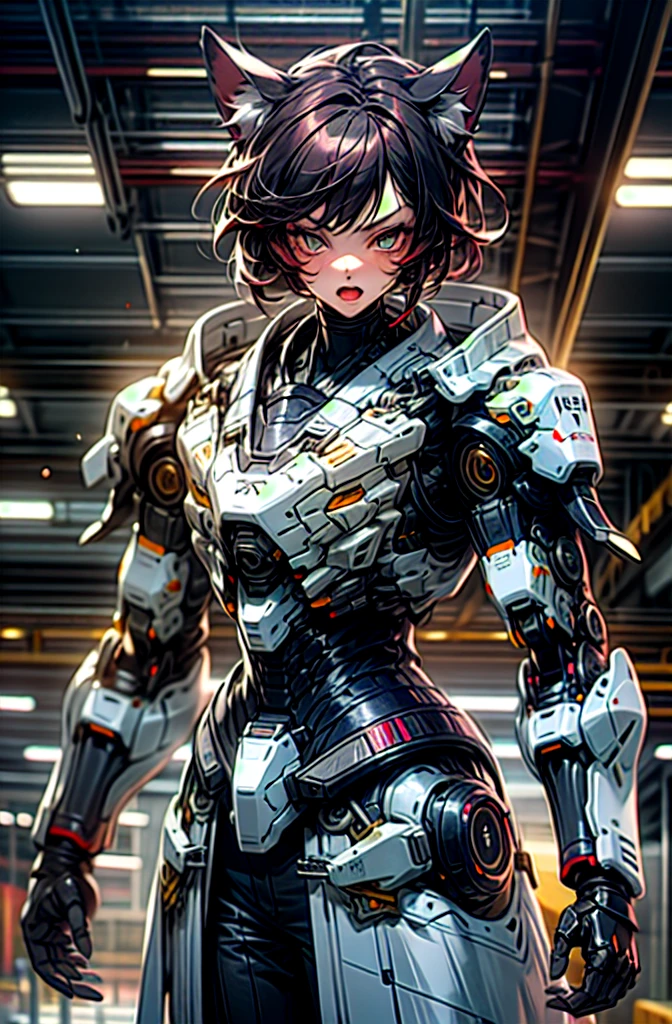 1 future technology,(Purple-black neatly short hair:1.1),Dark blue technical lenses,black reotard,(Wearing a white-themed sci-fi breastplate:1.5),Dilapidated city background,the night,Close up