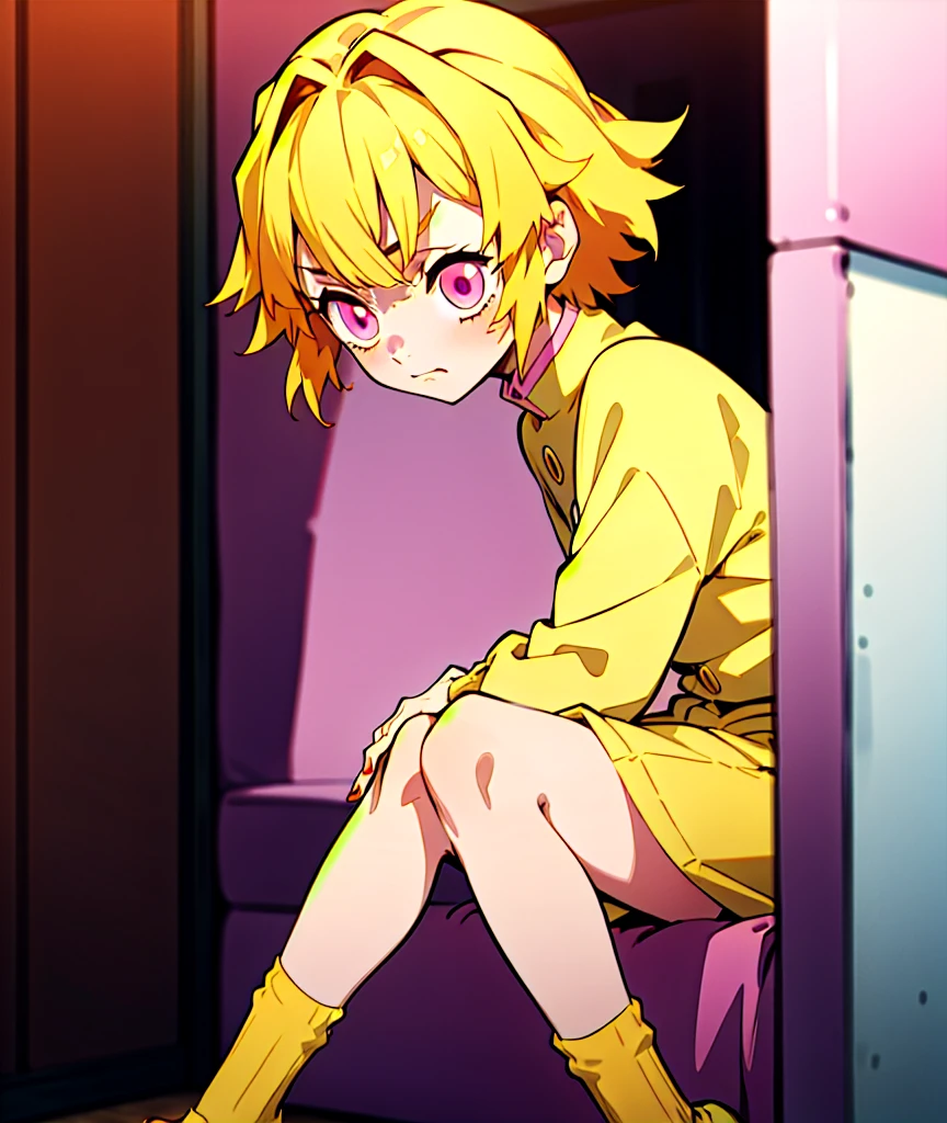 1girl, yellow hair, pink eyes, demon slayer uniform, pink and yellow socks, shy, nervous, yellow and pink haori, pink nails, sitting, shy, knee high baggy socks, yellow and pink socks, pink haori