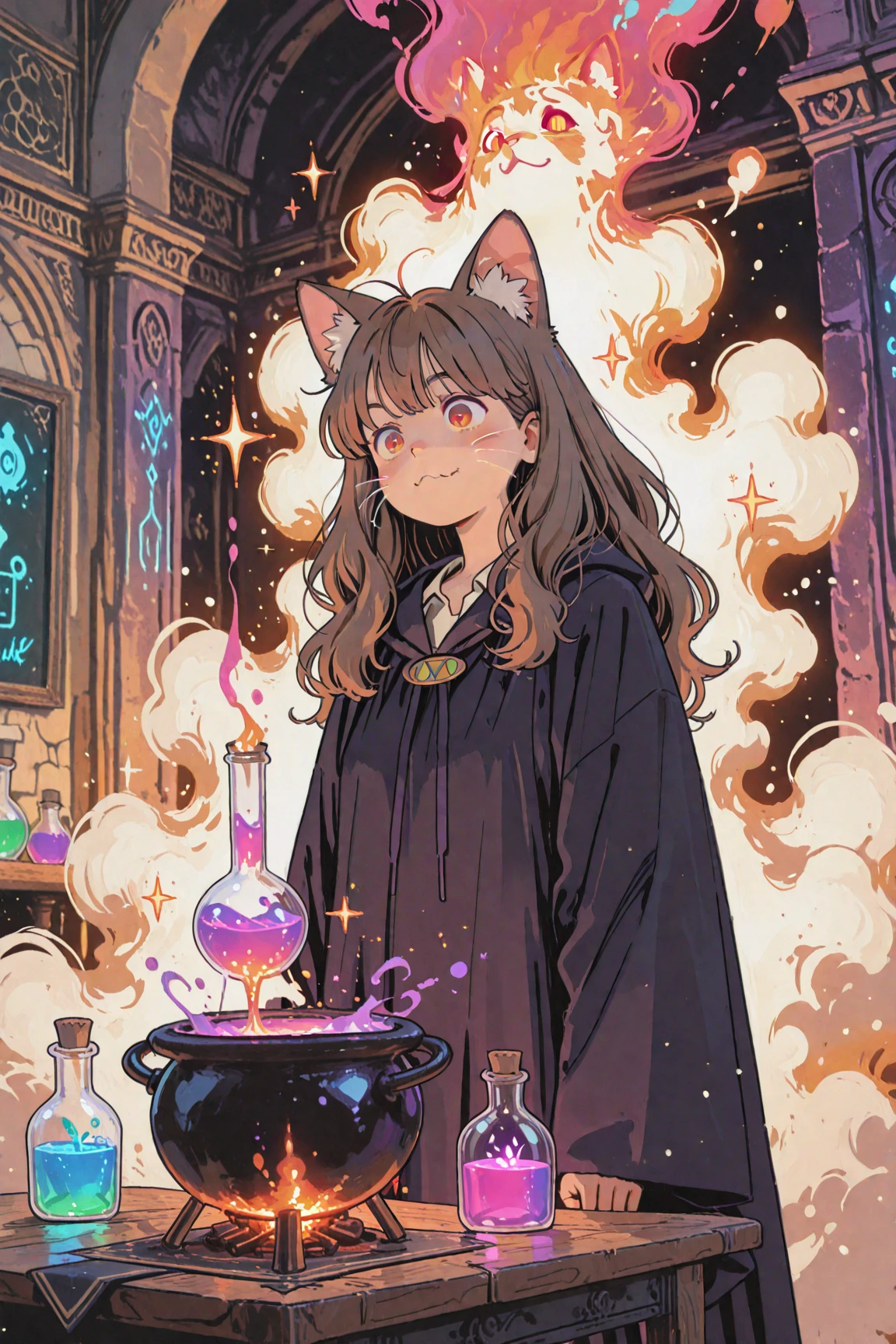 anime-style medium shot of a clever-looking high school witch girl resembling Hermione, with bushy brown hair and amber eyes, wearing a slightly burned school uniform and long black robe, standing in a magical potion lab filled with glowing bottles, surprised expression as fluffy cat ears and long white whiskers have suddenly appeared on her face, vibrant magical smoke rising from a cauldron, potion bottles overturned and glowing liquids spilled on the table, sparkles and magic glyphs floating in the air, soft warm lighting, detailed anime shading, painterly background, expressive face, high detail, 4K, masterpiece,ultra detail