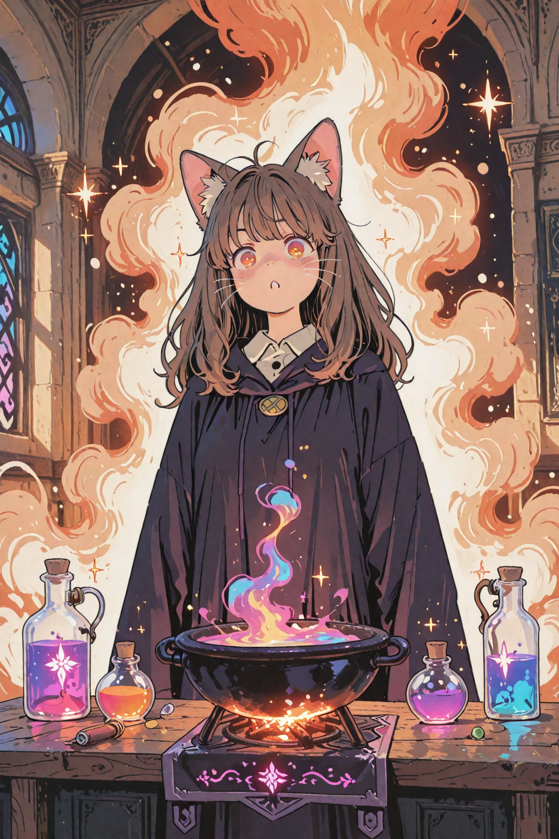 anime-style medium shot of a clever-looking high school witch girl resembling Hermione, with bushy brown hair and amber eyes, wearing a slightly burned school uniform and long black robe, standing in a magical potion lab filled with glowing bottles, surprised expression as fluffy cat ears and long white whiskers have suddenly appeared on her face, vibrant magical smoke rising from a cauldron, potion bottles overturned and glowing liquids spilled on the table, sparkles and magic glyphs floating in the air, soft warm lighting, detailed anime shading, painterly background, expressive face, high detail, 4K, masterpiece,ultra detail