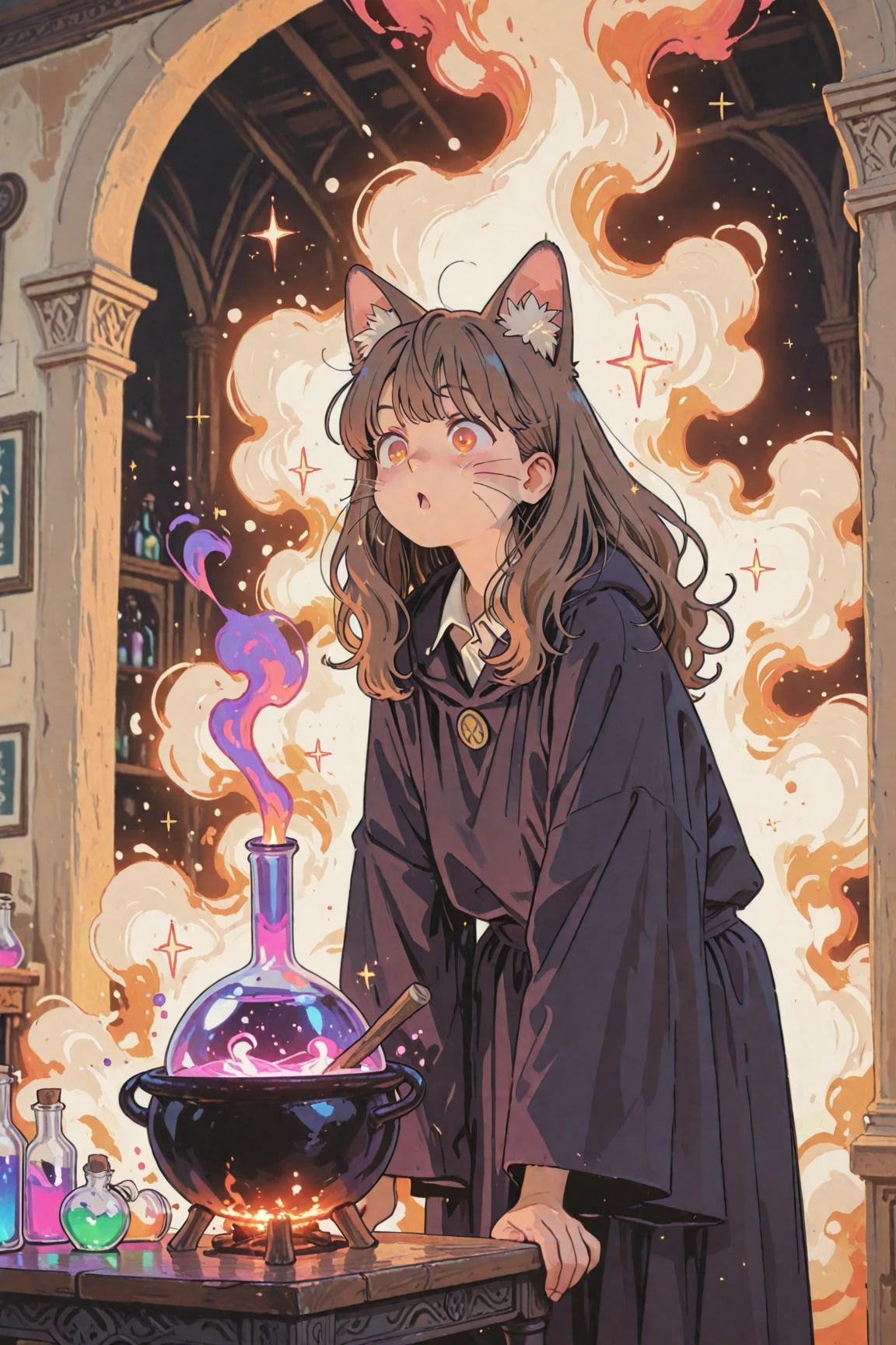 anime-style medium shot of a clever-looking high school witch girl resembling Hermione, with bushy brown hair and amber eyes, wearing a slightly burned school uniform and long black robe, standing in a magical potion lab filled with glowing bottles, surprised expression as fluffy cat ears and long white whiskers have suddenly appeared on her face, vibrant magical smoke rising from a cauldron, potion bottles overturned and glowing liquids spilled on the table, sparkles and magic glyphs floating in the air, soft warm lighting, detailed anime shading, painterly background, expressive face, high detail, 4K, masterpiece,ultra detail