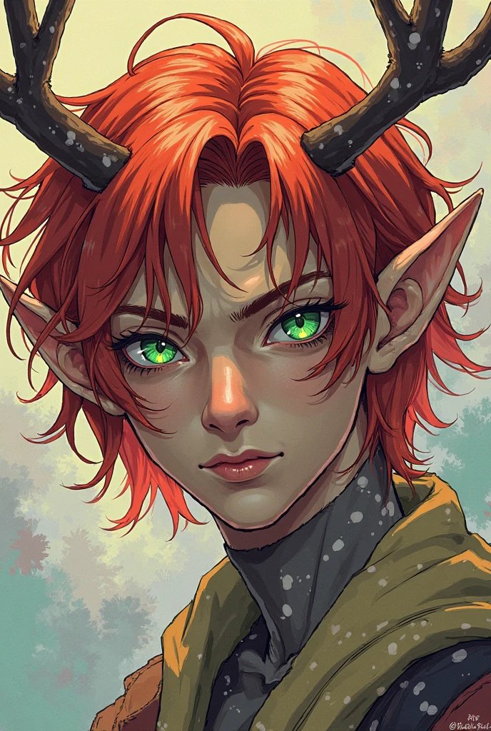 man, adult, young, red hair, green eyes, freckles, medieval fantasy, ram's horns, satyr