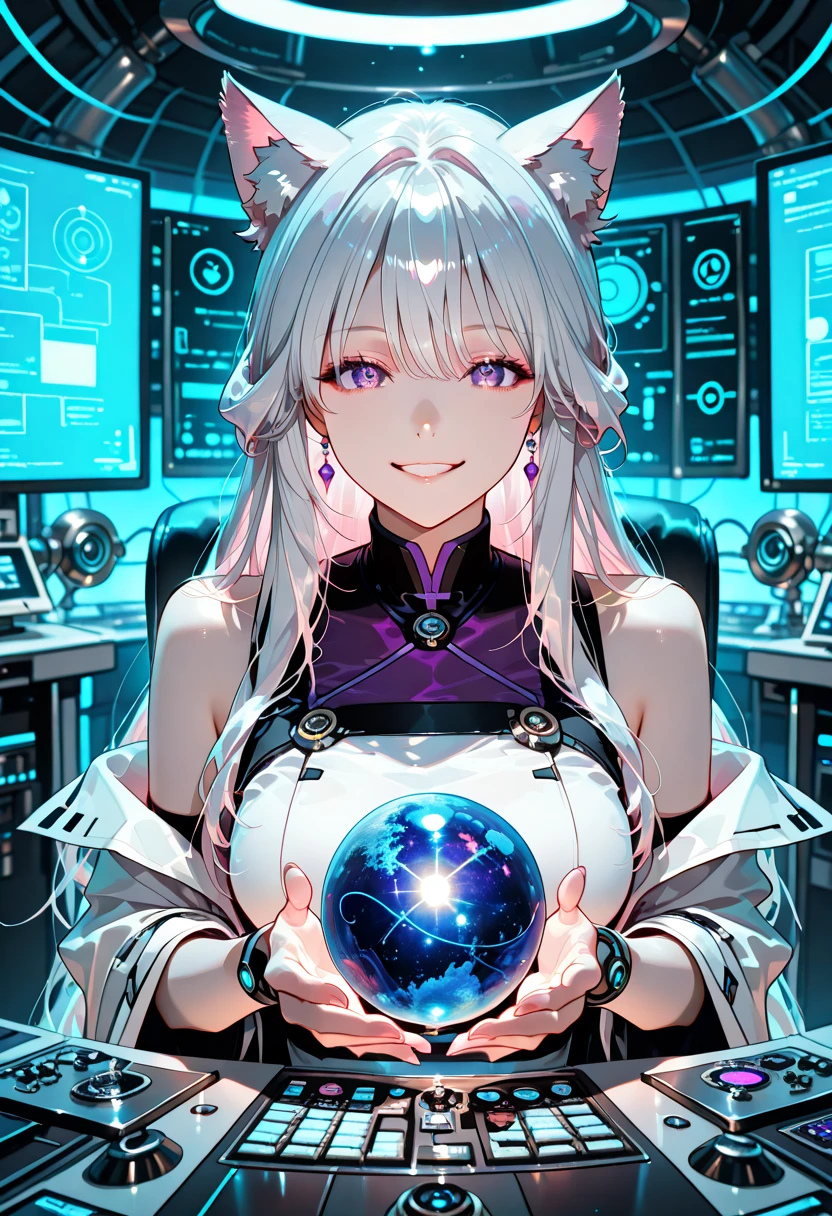 A woman stands in a futuristic laboratory, wrapped in soft blue and purple lighting、A fantastic atmosphere has been created. with cat ears、long blond hair flowing gently around her shoulders, like々She has a framed face、enchanting, The computer displays complex data and. wears a white white white coat over her light shirt,she has a blue sphere that emits intense light、symbolizes her role in the scientific environment. in her hands, invite the viewer into this world of exploration and innovation, The. Behind her, The laboratory is equipped with advanced technology; computer further emphasizes the mystery of this scene、various scientific instruments are meticulously arranged, emphasizes the cutting-edge environment. The atmosphere of the image is one of surprise and discovery, The girl's expression is mixed with concentration and fascination It shows a smirking expression, large purple full of curiosity and curiosity The eyes.