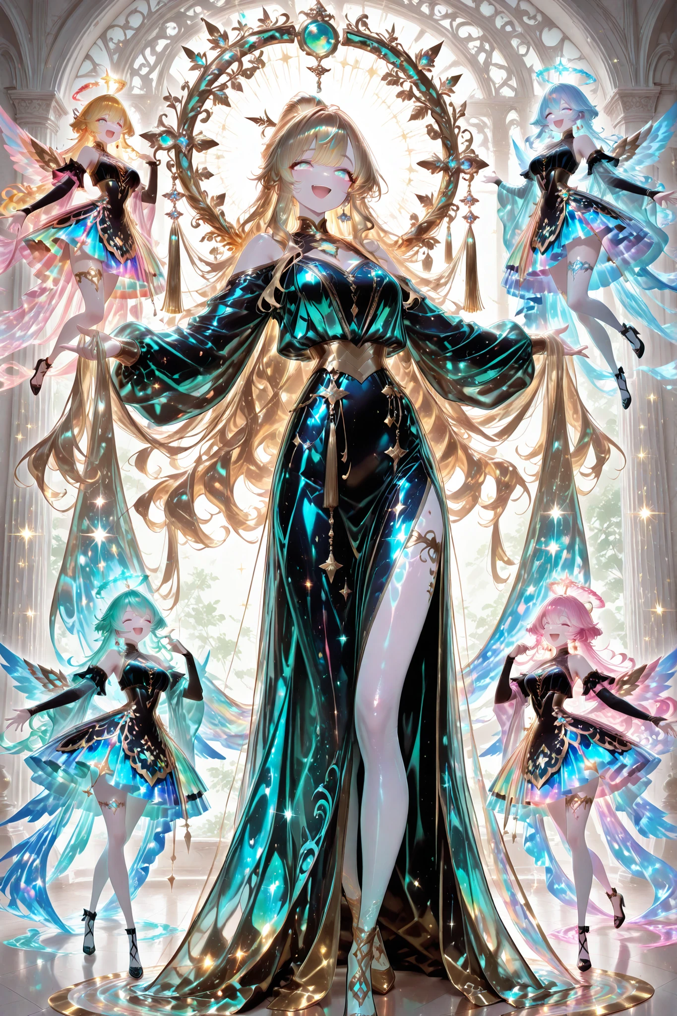 Female, shining maxi dress, long flowing skirt, skirt billows out elegantly with her spin, gorgeous, shimmering skirt overlay, long wavy gold hair in an updo, pale skin tone,laughing expression, big emerald eyes, arms held up gracefully as she turns, arms outstretched, smiling with joy, twirling with delight, pirouette, quick turning dance movement, elevated point of view