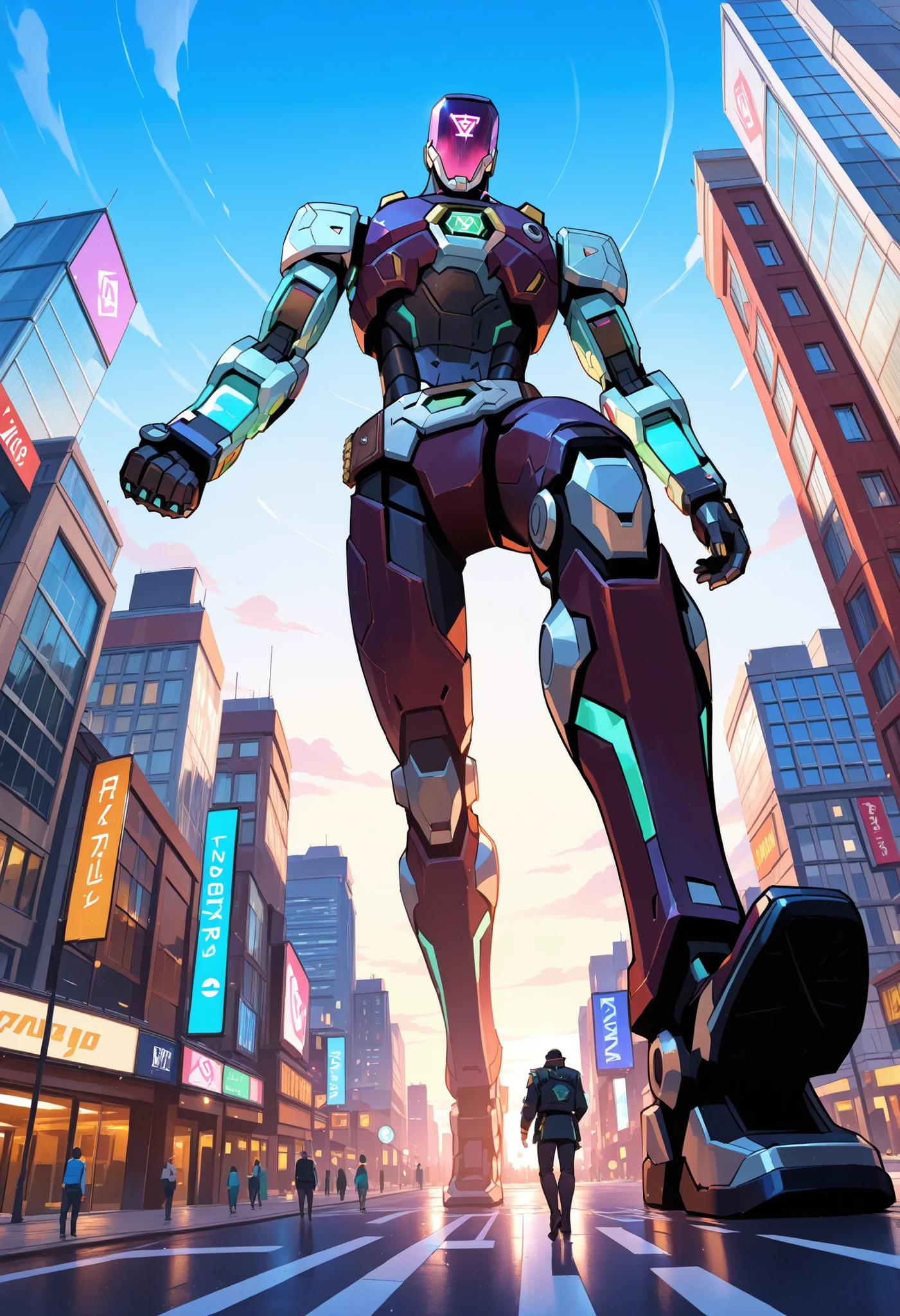leaning, male, kayo_valorant, robot, (macro in miniscule city), low angle