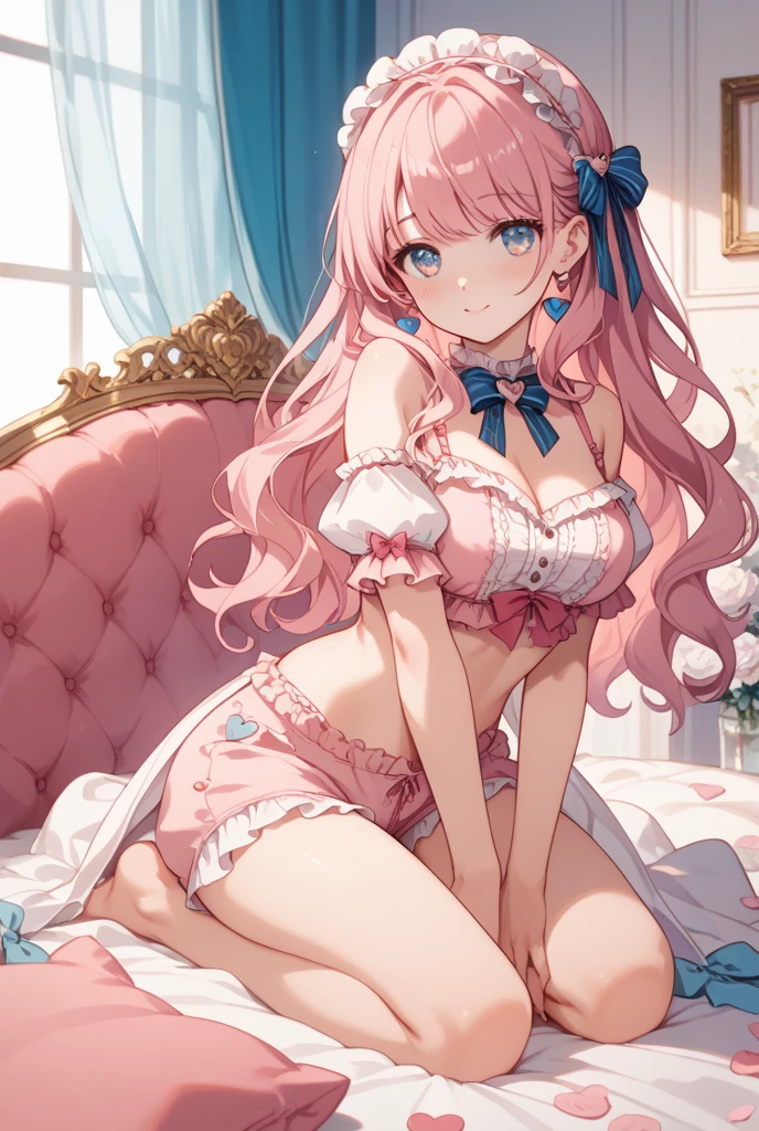 ((8k, Highest quality, masterpiece: 1.3)),Ultra-high resolution,(1 girl, alone), (Color changing eyes, Ultra-detailed, Expressive brilliance, Glitter, Glowing Eyes), Highly detailed eyes, Highly detailed face, Random Hair, ((pastel colour))A dreamy young woman with pastel peach hair styled into loose waves, lying on her stomach on her bed during a peaceful afternoon. She is wearing a pale blue bikini with ruffled edges that subtly accentuate her chest. The camera captures her from a side angle as she rests her chin on her hands, her body slightly arched, drawing attention to her cleavage. The room is softly lit by the afternoon sun, with the decor creating a warm and inviting atmosphere.