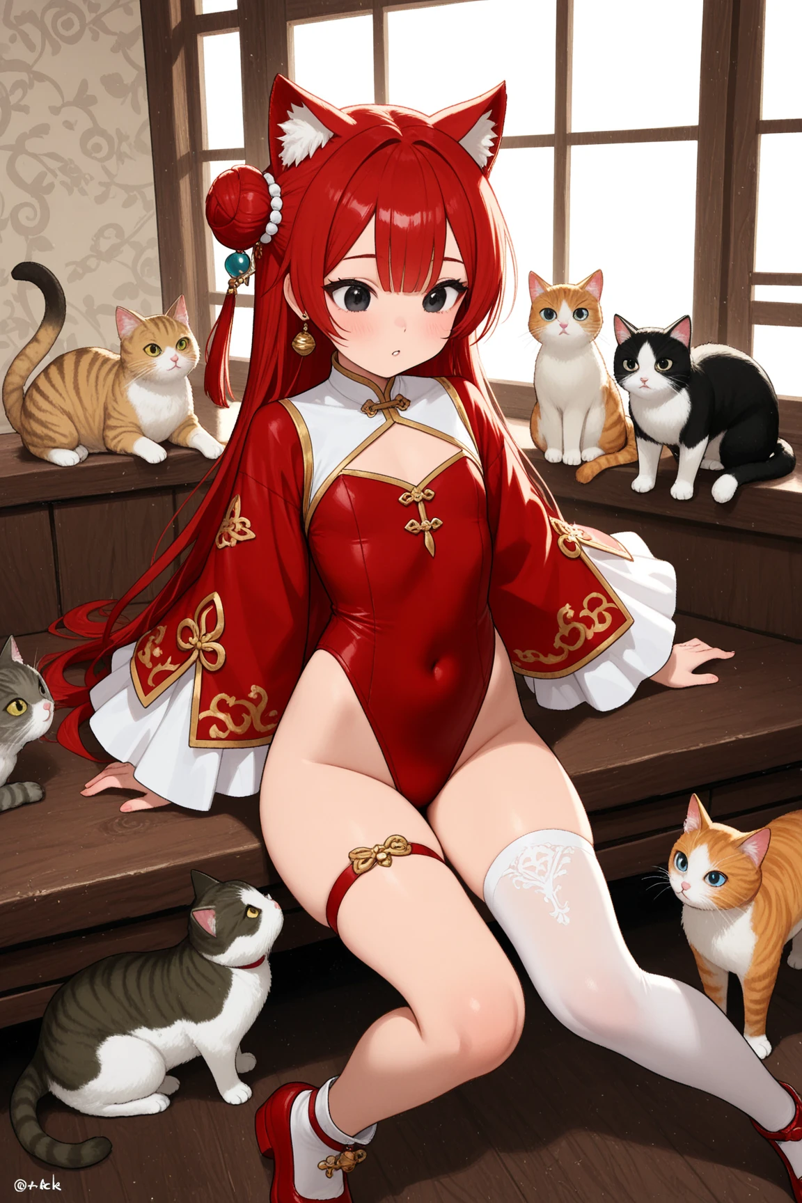8k, best quality, masterpiece, clear, professional lighting, beautiful face, 1girl, solo, long hair, long sleeves, hair ornament, jewelry, thighs, earrings, red hair, Flat Chest、shoes, wide sleeves, white thighhighs, black eyes, thigh strap, covered navel, single hair bun, red footwear, single thighhigh, highleg leotard, single side bun, red leotard、Cat ears, cat country, cats, a large number of cats, cat jarashi, cat's utopia,