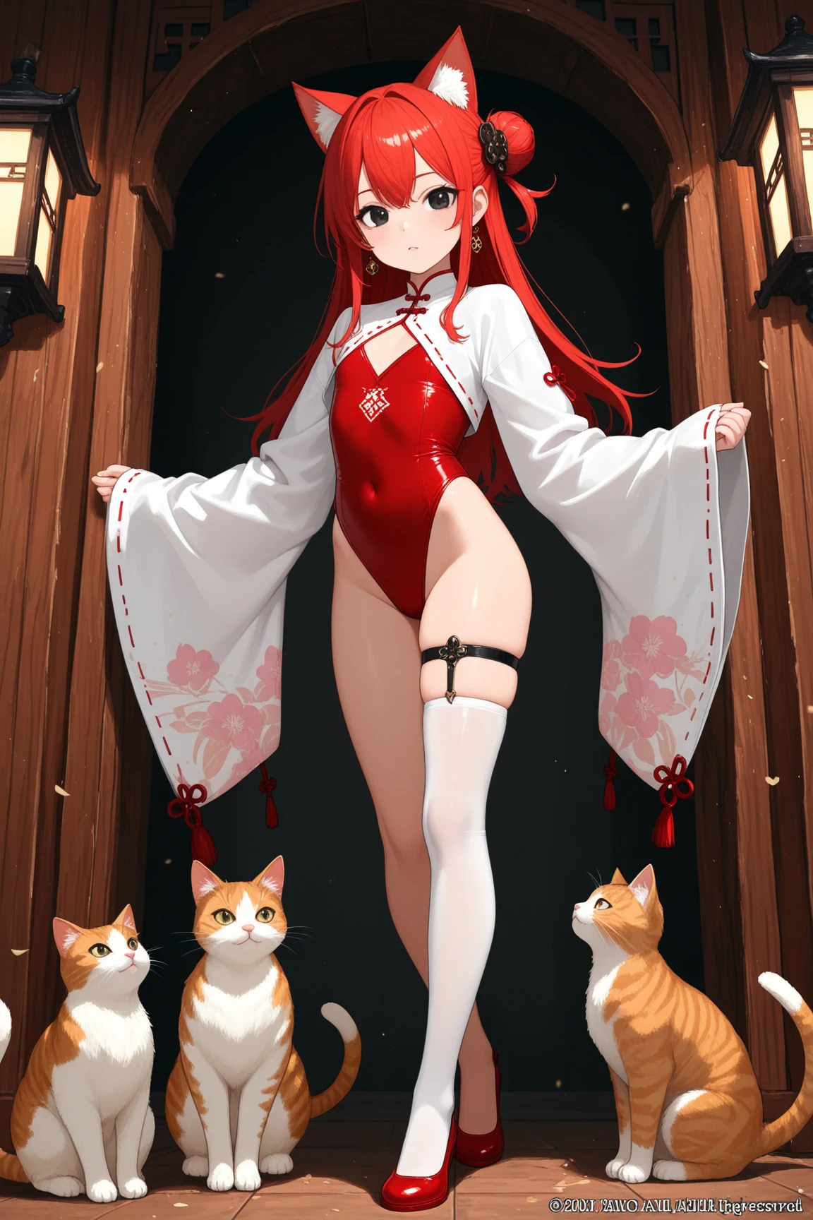 8k, best quality, masterpiece, clear, professional lighting, beautiful face, 1girl, solo, long hair, long sleeves, hair ornament, jewelry, thighs, earrings, red hair, Flat Chest、shoes, wide sleeves, white thighhighs, black eyes, thigh strap, covered navel, single hair bun, red footwear, single thighhigh, highleg leotard, single side bun, red leotard、Cat ears, cat country, cats, a large number of cats, cat jarashi, cat's utopia,