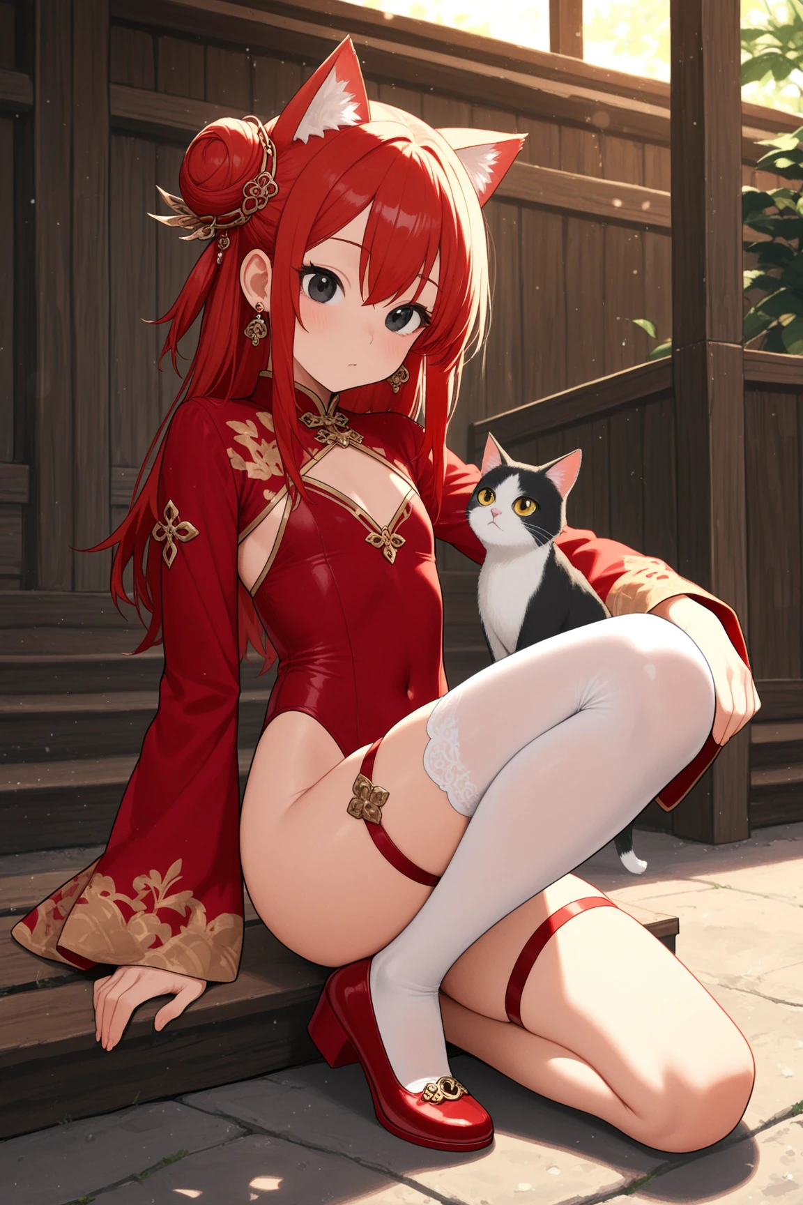 8k, best quality, masterpiece, clear, professional lighting, beautiful face, 1girl, solo, long hair, long sleeves, hair ornament, jewelry, thighs, earrings, red hair, Flat Chest、shoes, wide sleeves, white thighhighs, black eyes, thigh strap, covered navel, single hair bun, red footwear, single thighhigh, highleg leotard, single side bun, red leotard、Cat ears, cat country, cats, a large number of cats, cat jarashi, cat's utopia,
