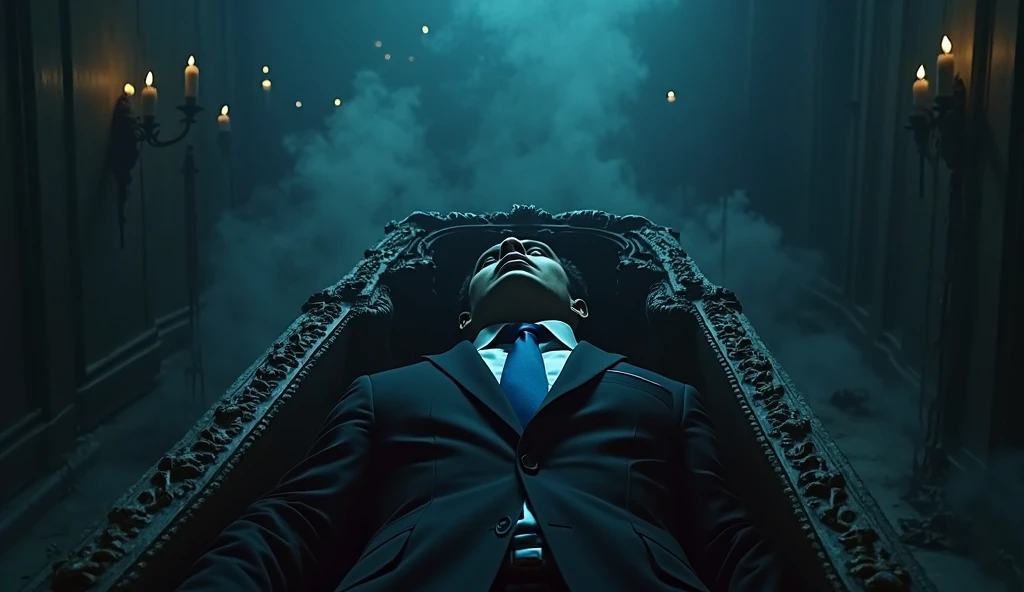 A ( handsome man , black suit , Magical glowing blue eye, sitting on a chair like king , look so cool and dark background
On the floor many girls lying in sexy dress in front of the man