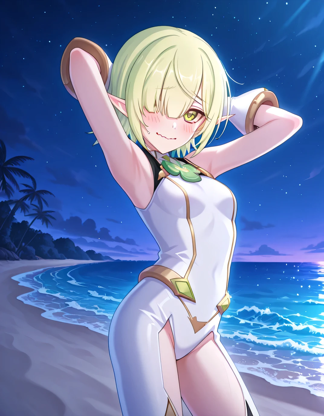 pcraoi, short hair, elf, light green hair, pointy ears, green eyes, hair over one eye, aoipplt, four-leaf clover, mecha pilot suit, gold trim, white bodysuit, sleeveless bodysuit, white gloves, thigh cutout, anime screencap, high quality, solo, cowboy shot, (contrapposto), (hands behind head), closed mouth, night sky, beach, looking at viewer, wavy mouth, blush, embarrassed, best quality,