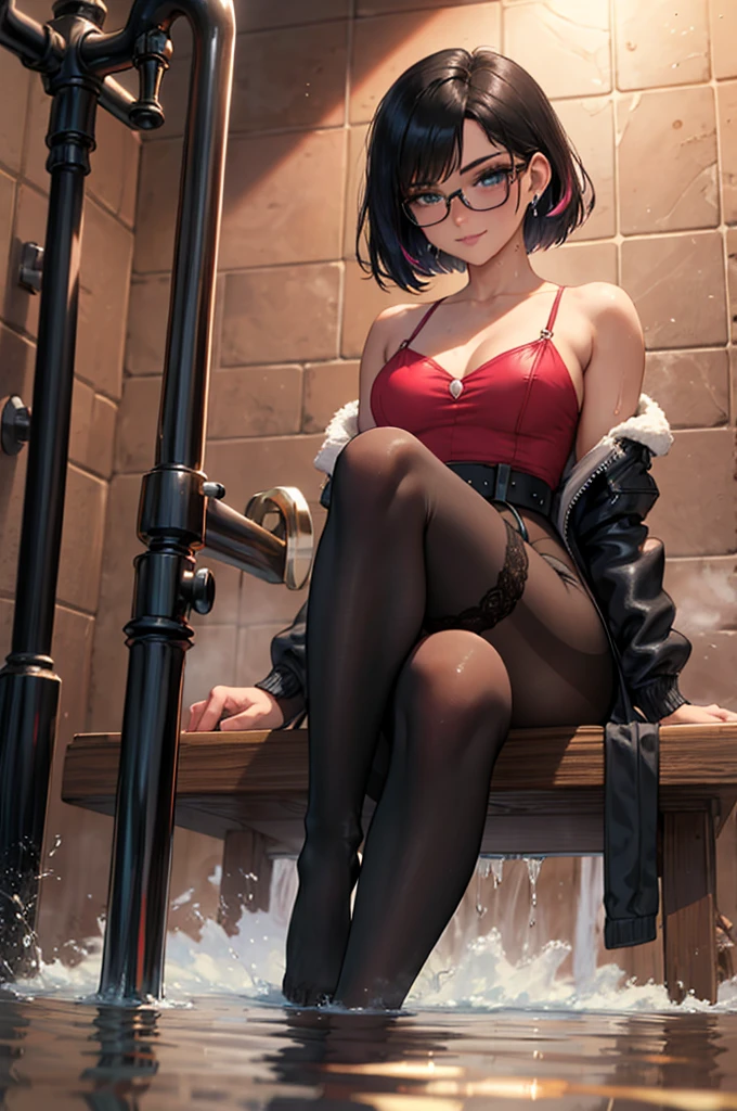 (SFW), (Cell shading), Best Quality, Master, Masterpiece, Best Quality, Highly Detailed CG Unity 8K Wallpaper,( latina woman), Huge File Size, Highly Detailed, High Resolution, Highly Detailed , (small breasts: 50.0), convex breasts, (detailed hair, (detailed face), (detailed figure), white and translucent, (light dark skin),  (real texture), unrivaled beauty, long legs, (open pants), open crouch, (stockings), ((ruby necklace)), ((earrings)), (mature woman), (tattoo on the chest), (red lips), (black lingerie), (beauty spots), (firm abs), (Athletic body), (Provocative smile), squat, (indoor), glasses, (white light from above), (high red heels), (strapped heels), wet skin,(wet:2.0), (1:1 ratio) --auto --s2