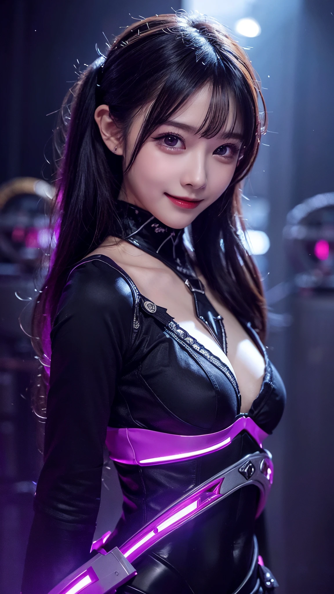 Best Quality, Masterpiece, 1 Girl, Maid, Female Robot, Beautiful Face, Long Purple Hair, Flowing, Flush Bangs, Blue Pupils, White Tight Hip Skirt (Black and Green Trims on the Sides), Black Tight Stockings, White High Heeled Boots, Full Body, Front Image, Dynamic Angle, Terminal Harem, (Photo Realistic: 1.3), Edge Lighting, (High Detail Skin: 1.2), 8k Ultra HD, DSLR, High quality, High resolution, 4k, 8k, bokeh, absurd, futuristic, otherworldly, Best proportions of four fingers and one thumb, (Realistic:1.3), Cute 1girl, detailed background, futuristic world sense,