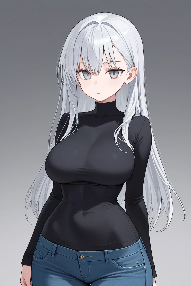 1 girl, black eyes, black sweater, chest, Gothic, huge chest, long hair, sideways glance, No pants, Striped Sweater, white hair, thick thighs, very long hair, newsprint paper hat , shirt collar, black large bell collar, gag, neutral blush face, long hairอะนิเมะสีขาว Sleepy, Fluffy Pixie Haircut, Gospel Girl&#39;s hair is white., black turtleneck, fashion belt, black shorts with white, Long shirt