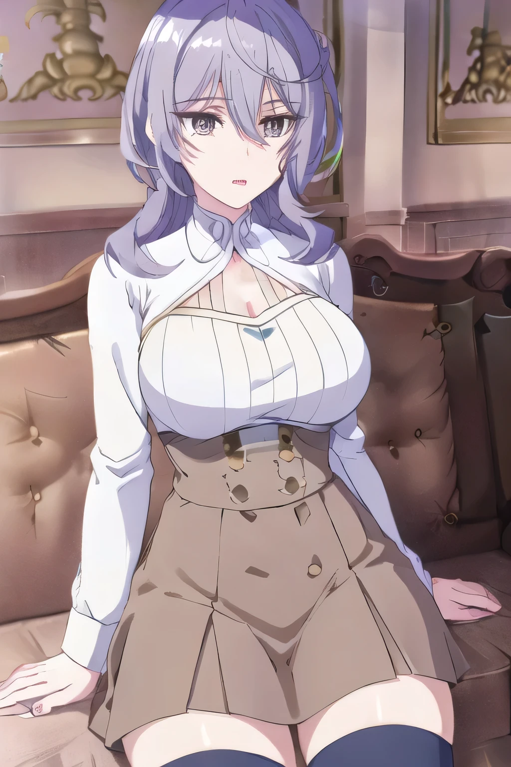 Can you draw a standing figure,Please draw big breasts with even bigger breasts, light clothing,can you draw a dark blue pleated miniskirt more delicately,Can you draw with light clothing,sleeveless sweater, can you draw a dark blue micro pleated skirt using cinematic lighting and ray tracing ,, They are relaxing , , (Please draw more delicately),(sleeveless white shirt,),(can you draw a dark blue pleated miniskirt)、face is absolutely necessary,Accurately,,can you draw a woman wearing 2 pairs of high socks,,ツ,blue panties, Lying on the Couch , Big black wavy hair, , Big breasts, thin waist , , , adult sexy women ,, can you draw a sexy woman close to 20 years old, hands and feet wearing long stockings,beautiful legs,
