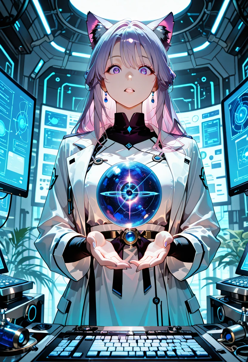 A woman stands in a futuristic laboratory, wrapped in soft blue and purple lighting、A fantastic atmosphere has been created. with cat ears、long blond hair flowing gently around her shoulders, like々She has a framed face、enchanting, The computer displays complex data and. wears a white white white coat over her light shirt,she has a blue sphere that emits intense light、symbolizes her role in the scientific environment. in her hands, invite the viewer into this world of exploration and innovation, The. Behind her, The laboratory is equipped with advanced technology; computer further emphasizes the mystery of this scene、various scientific instruments are meticulously arranged, emphasizes the cutting-edge environment. The atmosphere of the image is one of surprise and discovery, The girl's expression is mixed with concentration and fascination It shows a smirking expression, large purple full of curiosity and curiosity The eyes.