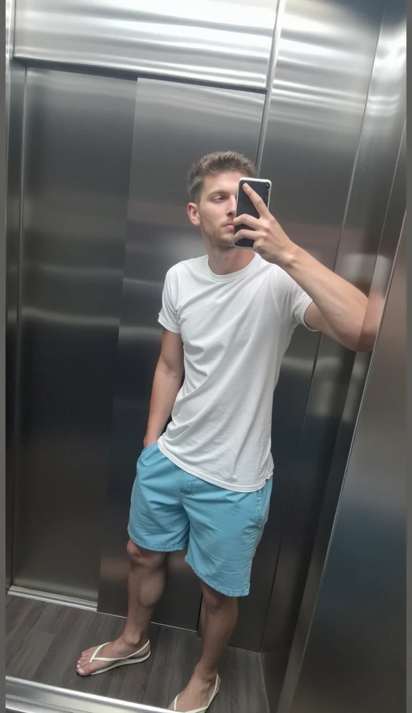 There was a man walking through the subway station with his mobile phone, no shirt under the vest, Fat belly, belly button showing, potbelly, looking at his phone, belly exposed, White shirt and bare chest, Big belly,not wearing many clothess, The shoulders can be seen