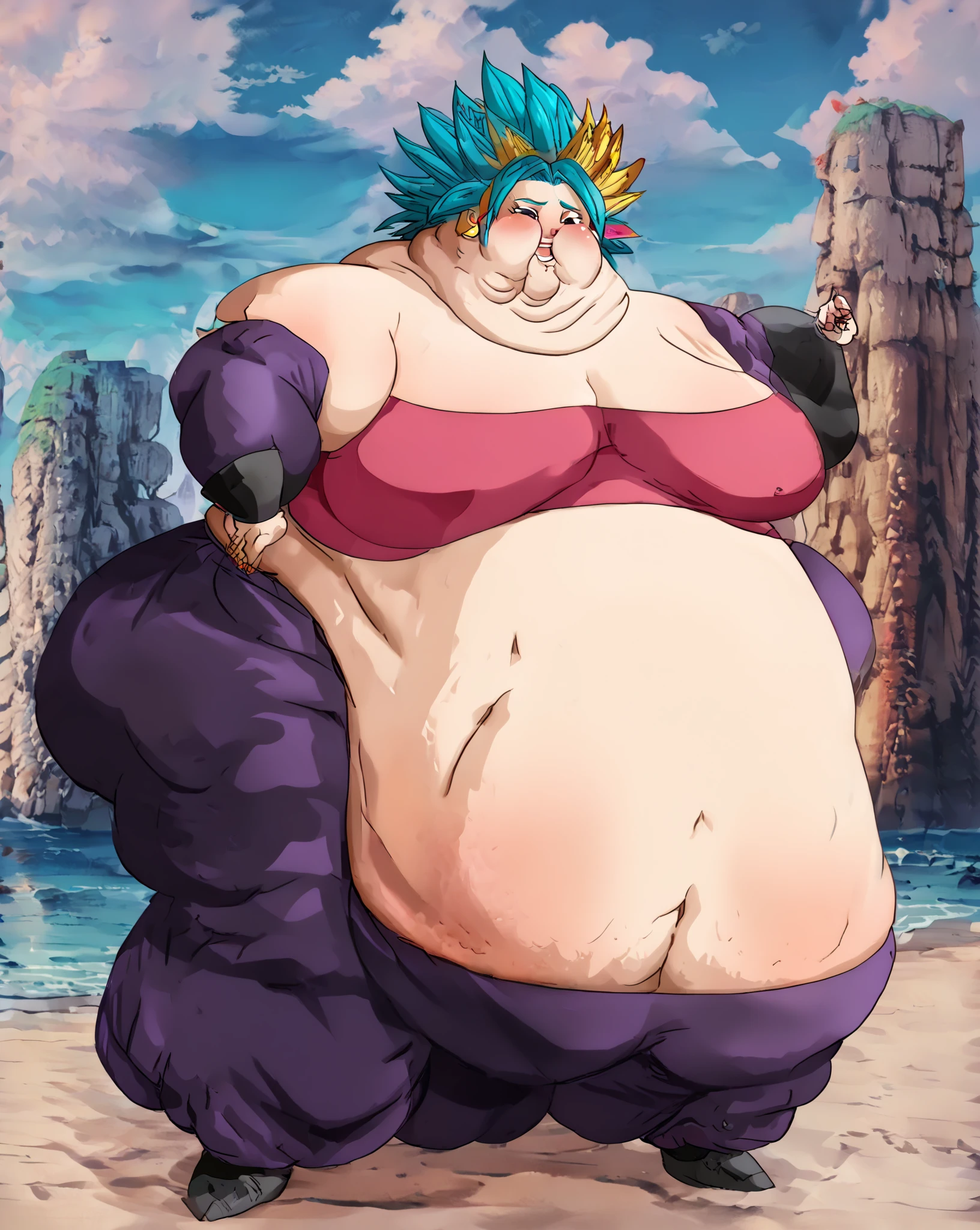 (Nefertari Vivi, 1girl:1.15), one piece, light blue hair, long hair, pale skin, large breasts, BREAK, desert, oasis, sunbeam, masterpiece, best quality, extremely detailed, highly quality, 4k, sharp focus, professional, sharp focus, award winning, cinematic lighting, octane render, unreal engine, volumetrics dtx, Wallpaper, ((big belly, massive belly, chubby, giant belly)), shocked, open mouth, (hands behind head:1.4), (solo:1.5)