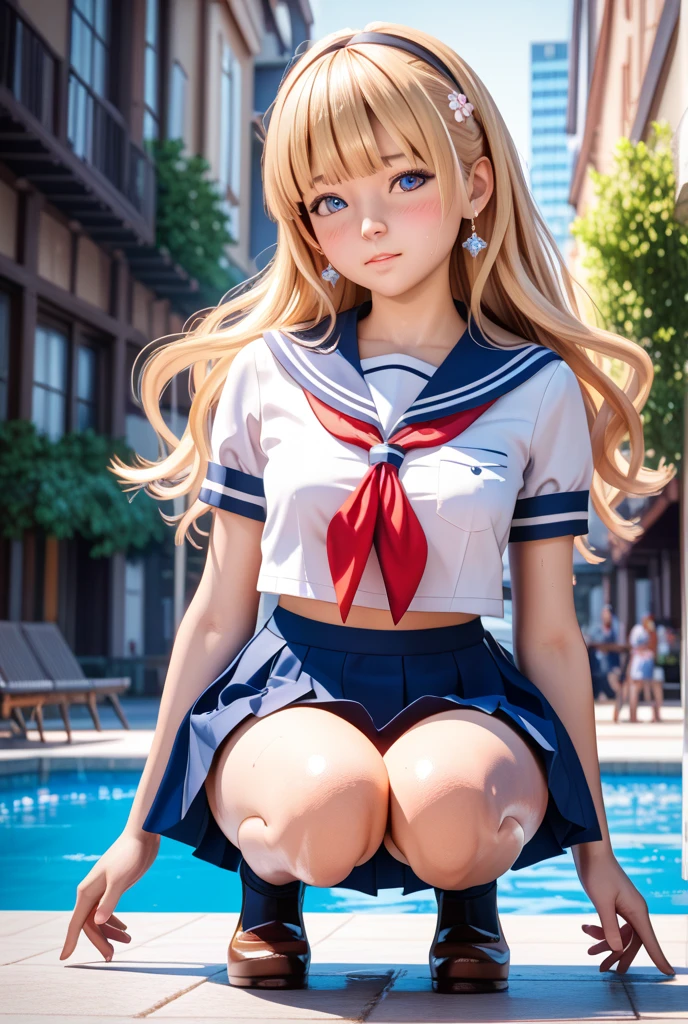 A girl looks at me, sailor suit, red ribbon, tan, blonde, twintails, loose socks, looking sideways, looking up, surprised expression, masterpiece, detailed eyes, foundation, eye shadow, pink lipstick, brightening her cheeks, Hokkaido scenery, blurred background