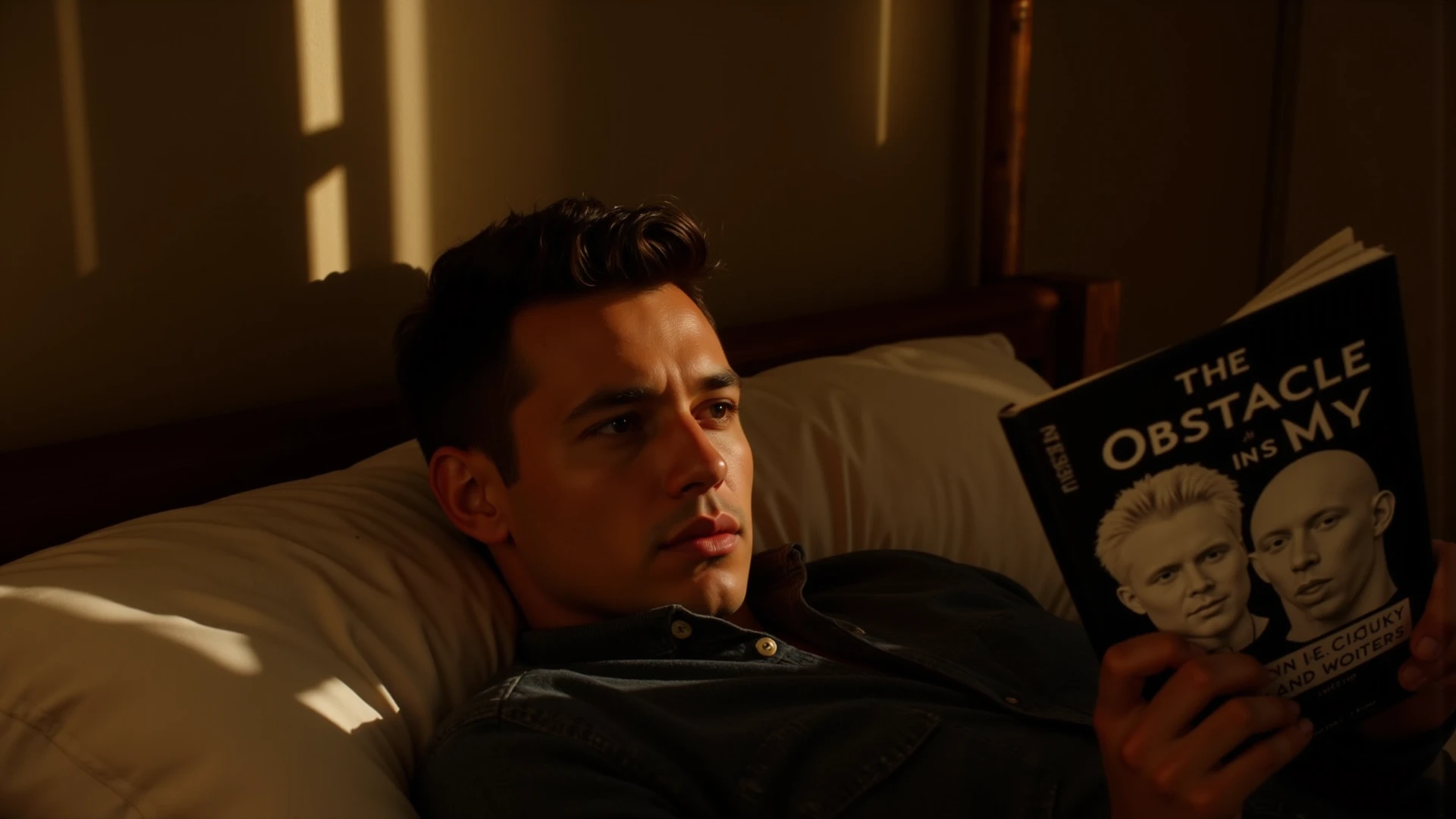 Homem deitado lendo um livro, realista, bem sombrio,Dark Lighting and Dark 4k