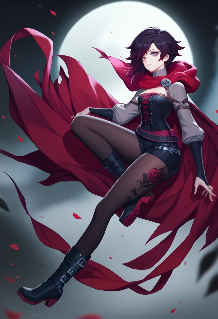 NSFW,(masterpiece, best quality), 1girl,    ruby_rose, cape, dress, red cape, crescent rose, boots, pantyhose, hood, petals, corset