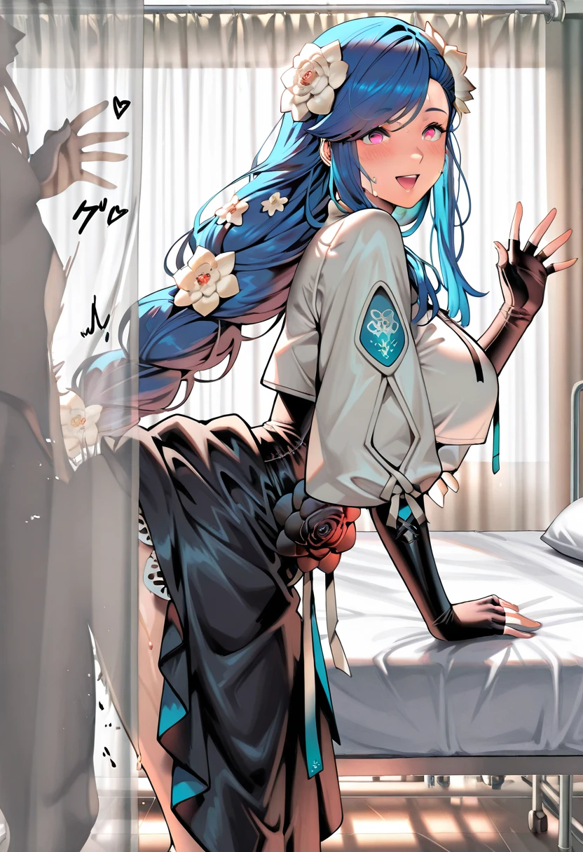 feet out of frame,intricate details, masterpiece,Best Quality, great quality, absurdres,ultra detailed,8K, volumetric lighting,,shiny,high resolution images, 1girl,, GGSTRVDZY, blue hair,long hair, hair flower, red eyes, white cropped vest, elbow gloves, fingerless gloves, black skirt, dress flower,solo focus,expressionless,wide-eyed,blush,open mouth, half closed eyes, sound effect, text, sweat, waving hands, skirt, fake smile,looking at viewer,from side,half silhouette sex,sex,standing sex,sex from behind,indoors,infirmary,curtains,