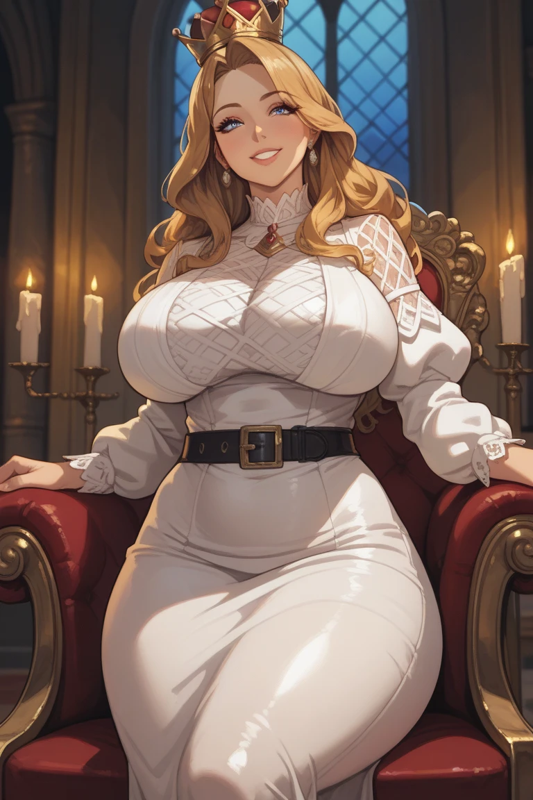 mature female, gigantic breasts, light brown hair, lips, throne