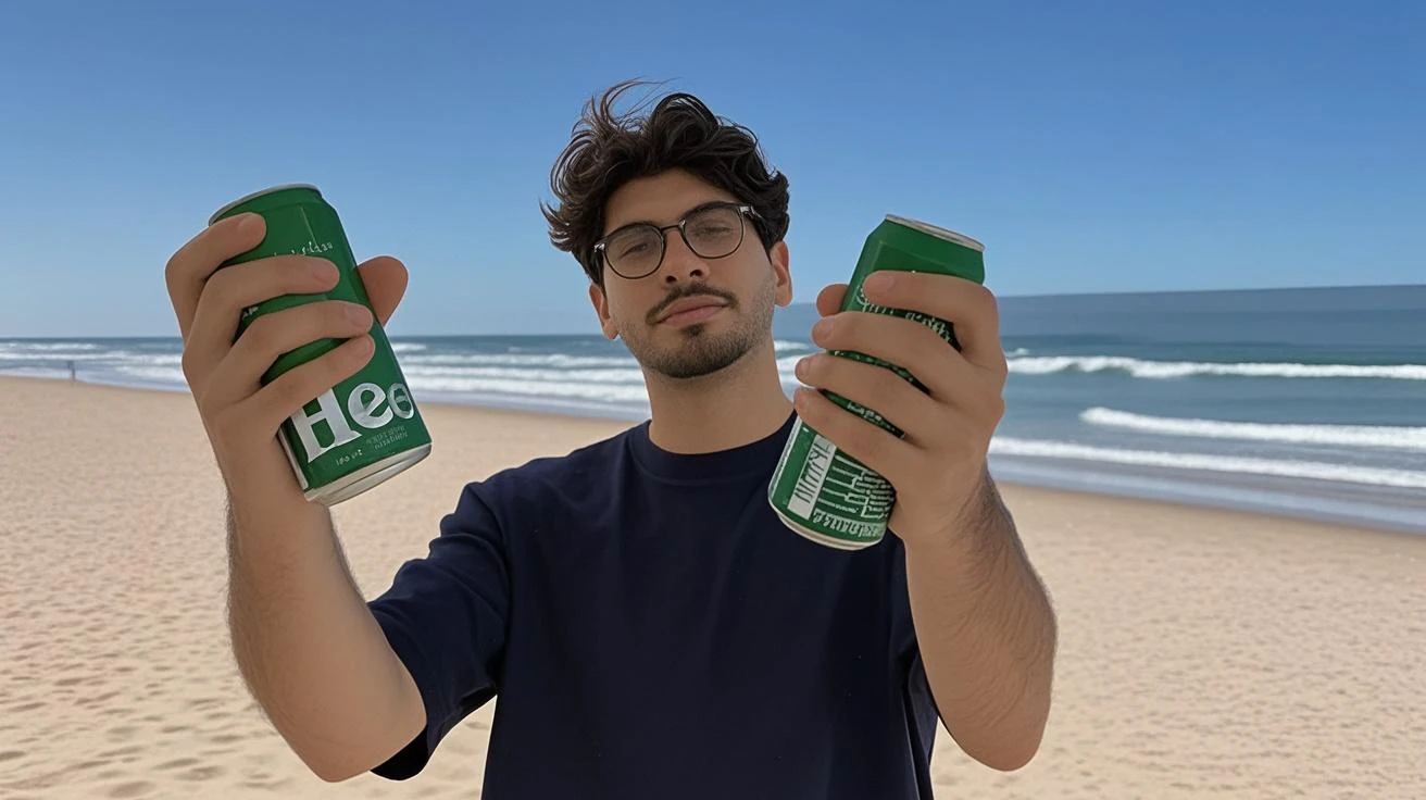 arafed man in a hat and sunglasses standing in the water, 2 3 years old, caio santos, 2 2 years old, 21 years old, foto de perfil, wearing sunglasses and a cap, posando em uma praia com o oceano, na praia, mateus 9 5, em uma praia, 2 4 years old, on the beach include character Chapolin Colorado next door hugging the man in the hat