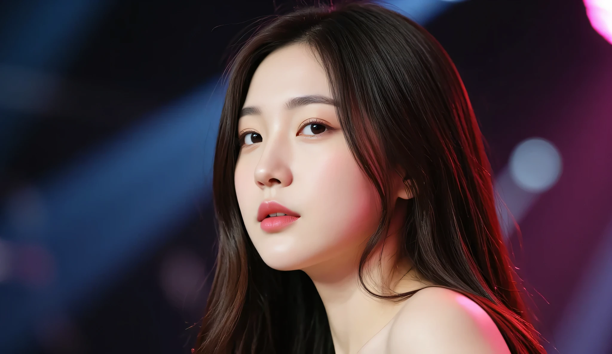 a shoulder-up candid photo of a 20-year-old Korean woman on a real concert stage, photographed with a DSLR, natural lighting, detailed skin texture, soft background blur, minimal or stage makeup, unique facial features, ultra photorealistic, not digital art, not illustration