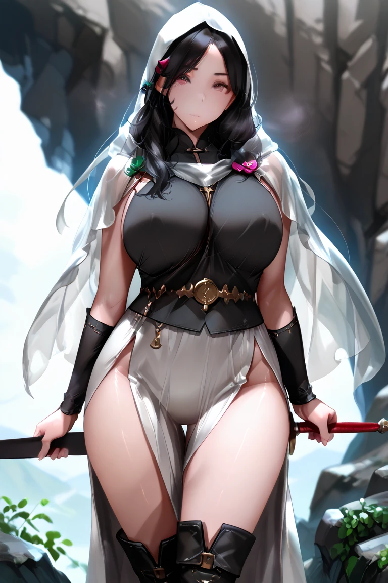 (masterpiece), best quality, female warrior, huge girl, female muscular:1.2, straight hair, black hair, massive breast, curvy, ((thick thighs:1.4)), (((blank background))), ((full body)), fingerless gloves, sandals, sleeveless, covered nipples, (underboobs:1.3), medium hair, thin hair, (very short skirt), blunt bangs